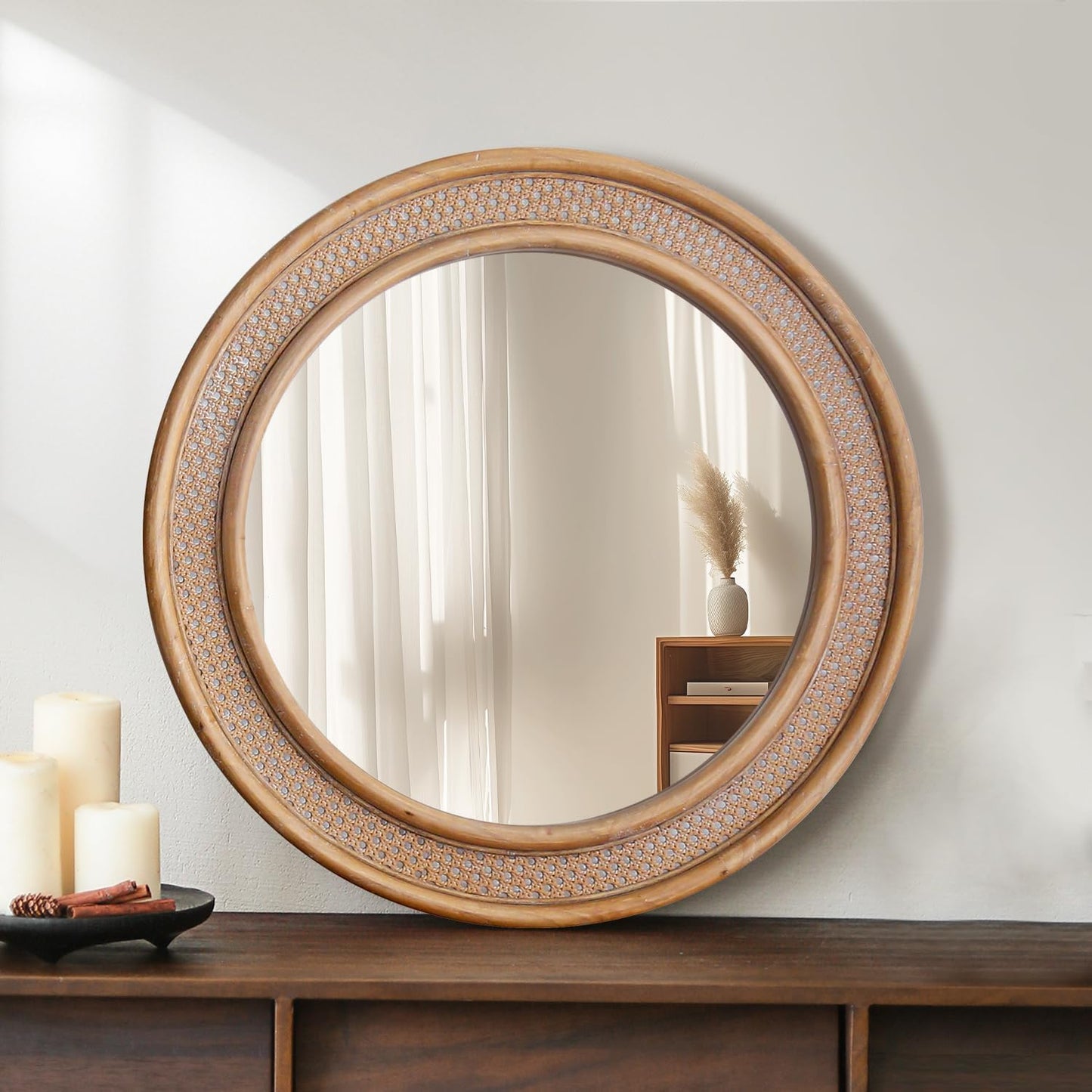 Micasso Round Rattan Wall Mirror: 30" Purely Handmade Wooden Frame Wicker Mirror - Rustic Shabby Chic Boho Bamboo Mirrors for Farmhouse/Bathroom/Bedroom/Living Room/Entryway/Home Decor