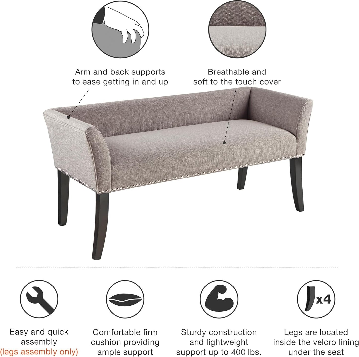 Madison Park Accent Bench, Upholstered with Nailhead Trim, & Padded Seat Entryway Bench Small, End of Bed Bench with Back, 49.5" W x 19.25" D x 23" H, Grey