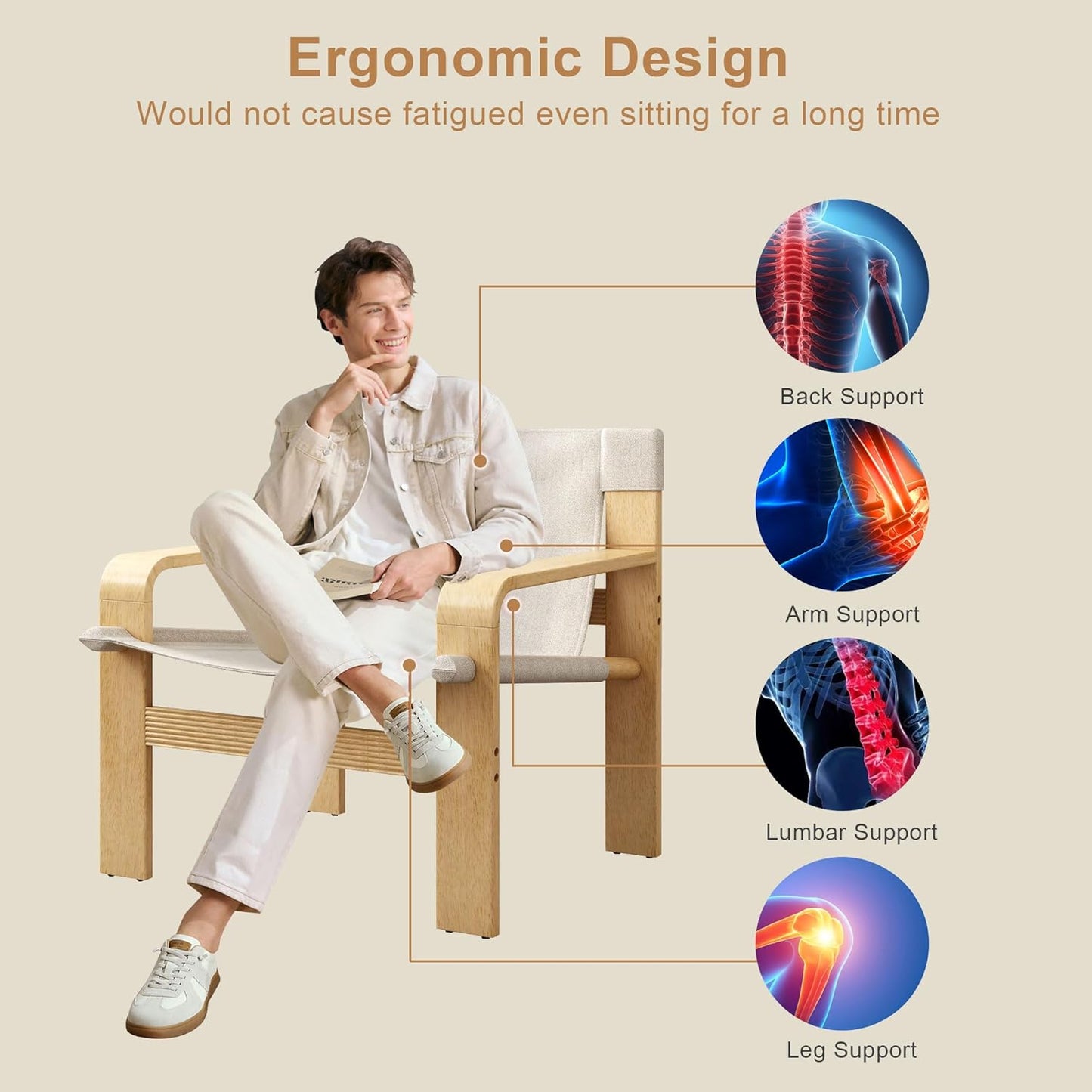 Ball & Cast Accent Chair Wide Armrest Mid-Century Lounge Living Room Chairs with Linen Fabric Armchair & Rubber Wood Frame,Detachable and Washable Seating Furniture for Bedroom,White