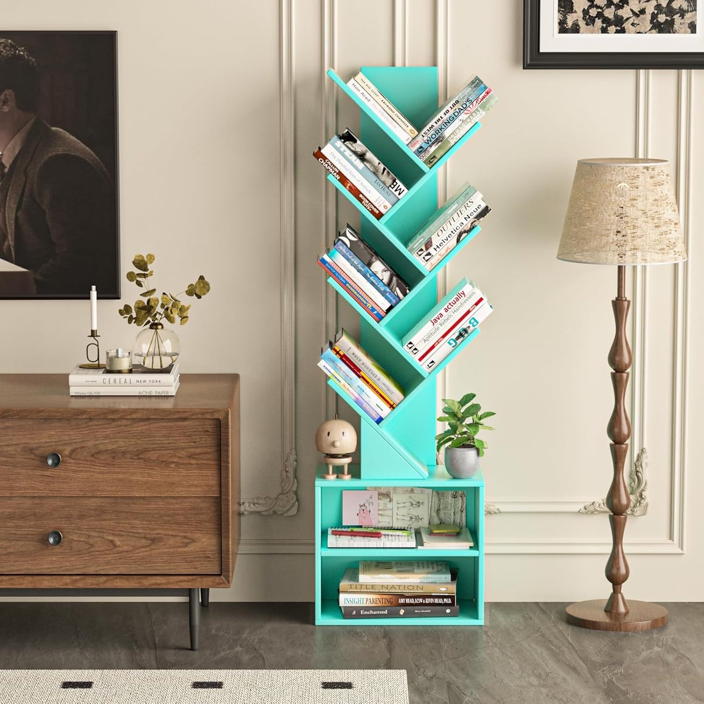 10 Tier Tree Bookshelf,Floor Standing Wood Tall Bookcase for Narrow Space, Storage Organizer Bookshelves for Books, Book Case for CDs/Movies/Books,Home Office,Living Room, Bedroom