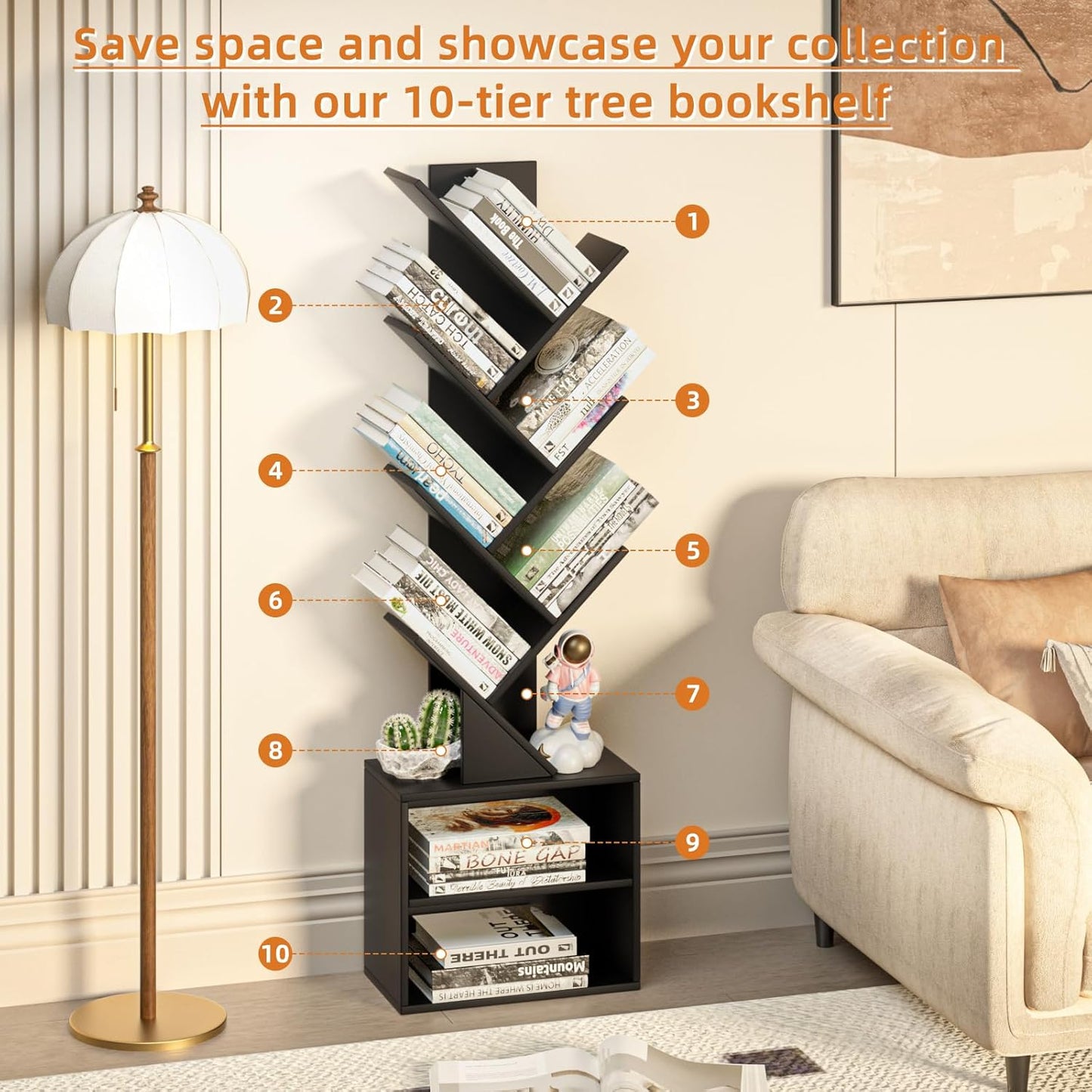 10 Tier Tree Bookshelf,Floor Standing Wood Tall Bookcase for Narrow Space, Storage Organizer Bookshelves for Books, Book Case for CDs/Movies/Books,Home Office,Living Room, Bedroom