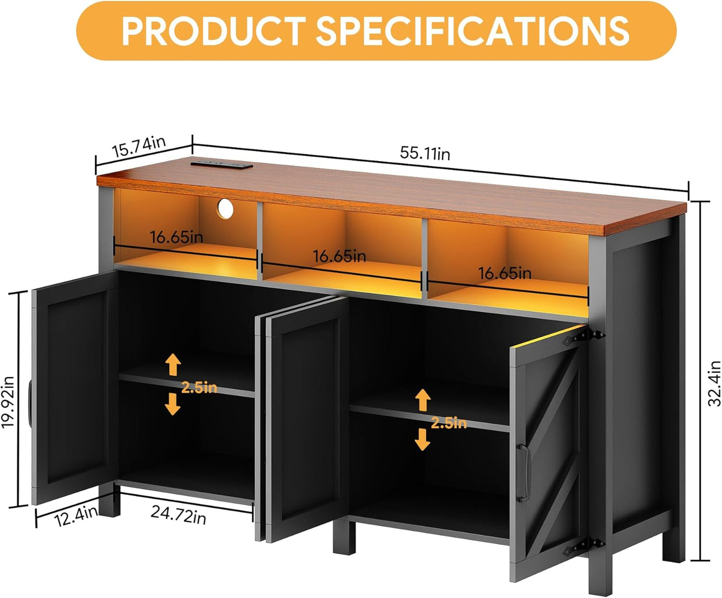 Buffet Sideboard with Storage with Power Outlets & LED Light 4 Doors, 55'' Large Farmhouse Kitchen Storage Cabinet Wood Coffee Bar Cabinet Buffet Table for Kitchen, Dining Room, Entryway