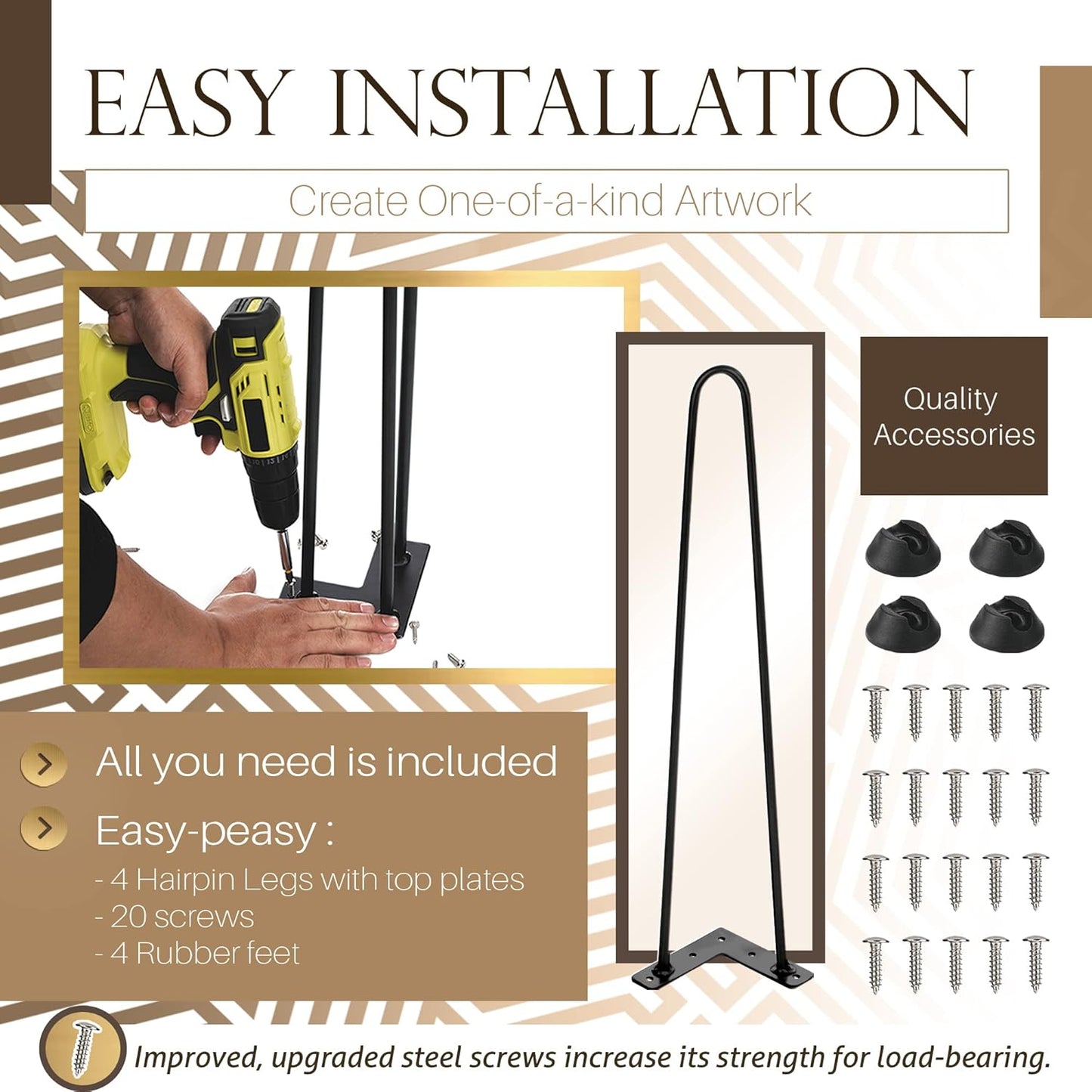 TEN49 Heavy Duty Hairpin Table Legs - 20 Inch Industrial Black Furniture Legs - Solid Rods Metal Legs for Table - Fit for Mid-Century Modern Desk, Bed End, Coffee Table Feet, TV Stand, Chair Legs