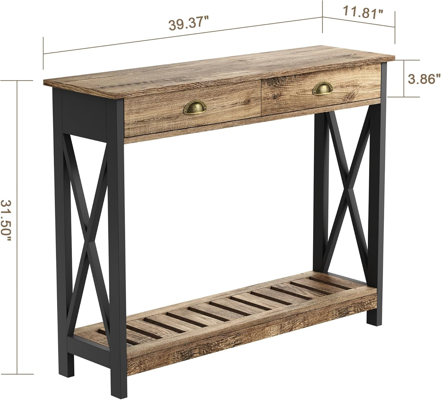 ChooChoo Farmhouse Console Table with Drawer for Entryway, Narrow Long Entry Table with Shelf for Living Room, Rustic Vintage Hallway Sofa Table with Stable X Supports, 40 Rustic Oak & Black