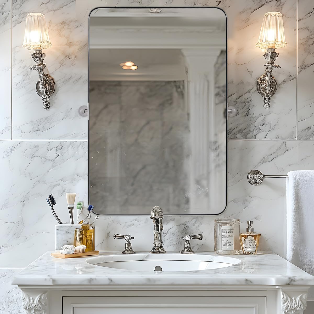 MOON MIRROR Polished Chrome Pivot Mirror for Bathroom, Tilt Bathroom Vanity Rounded Rectangle, Overall 28.33 x 36 in (Mirror 24x 36 in)