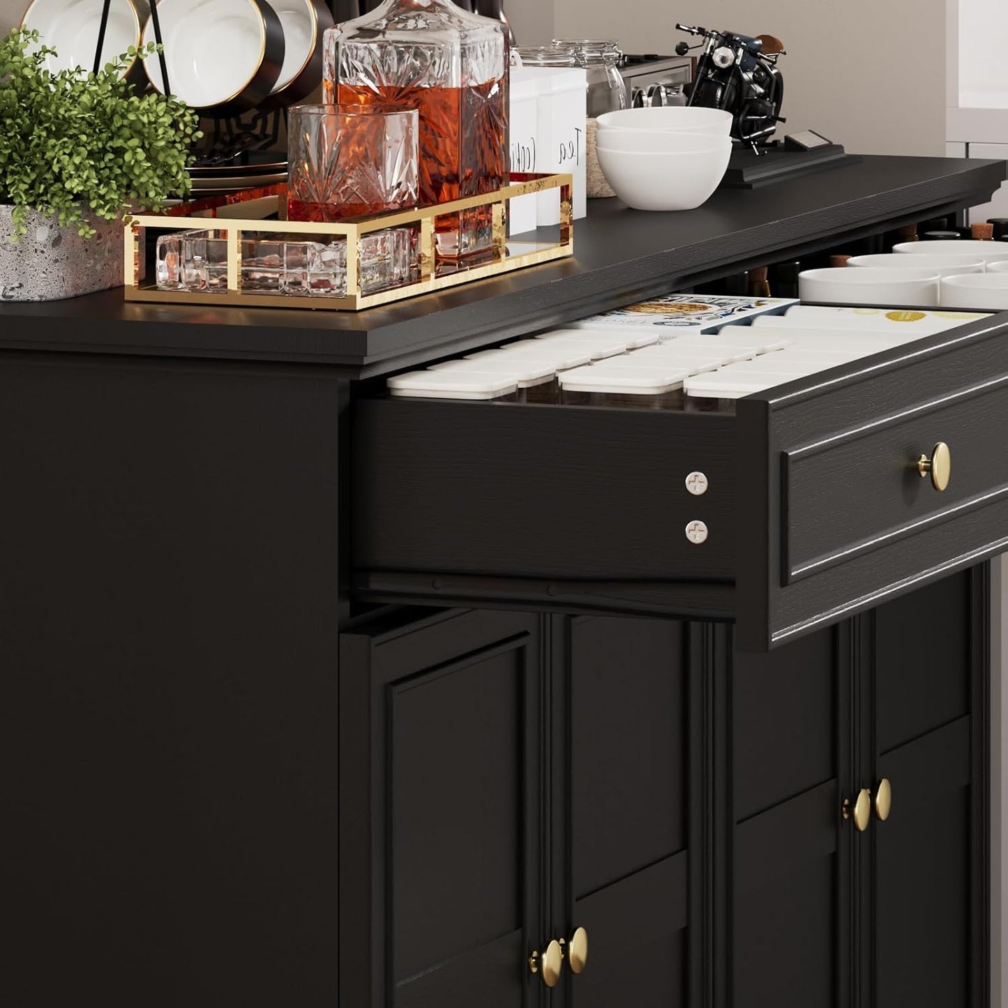 47.6" Buffet Sideboard with 2 Drawers and 4 Doors, Wooden Kitchen Storage Cabinet with Adjustable Shelves, Rustic Top Console Table for Dining Room, Kitchen, or Entryway,Black