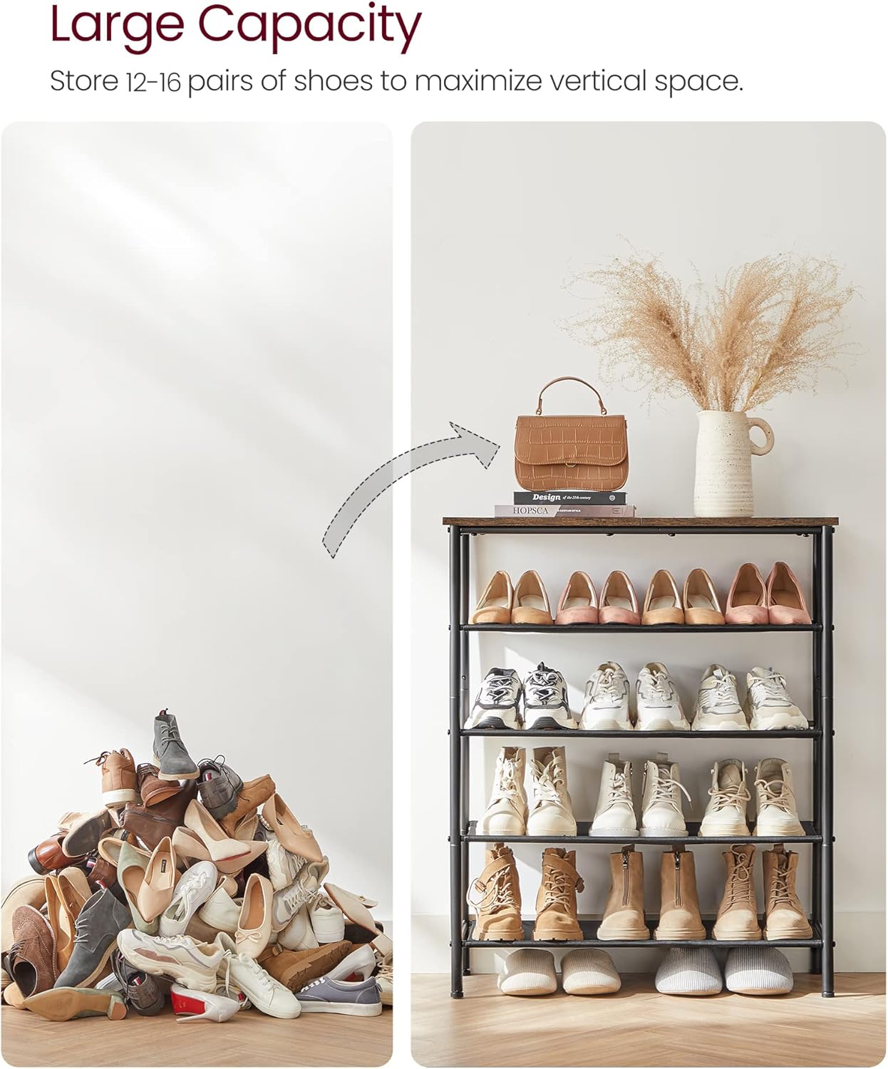 VASAGLE Shoe Rack, 5-Tier Shoe Storage Organizer for Entryway and Closet, Holds 12-16 Pairs of Shoes, 4 Fabric Shelves, Steel Frame, Industrial, Rustic Brown and Black ULBS036B01