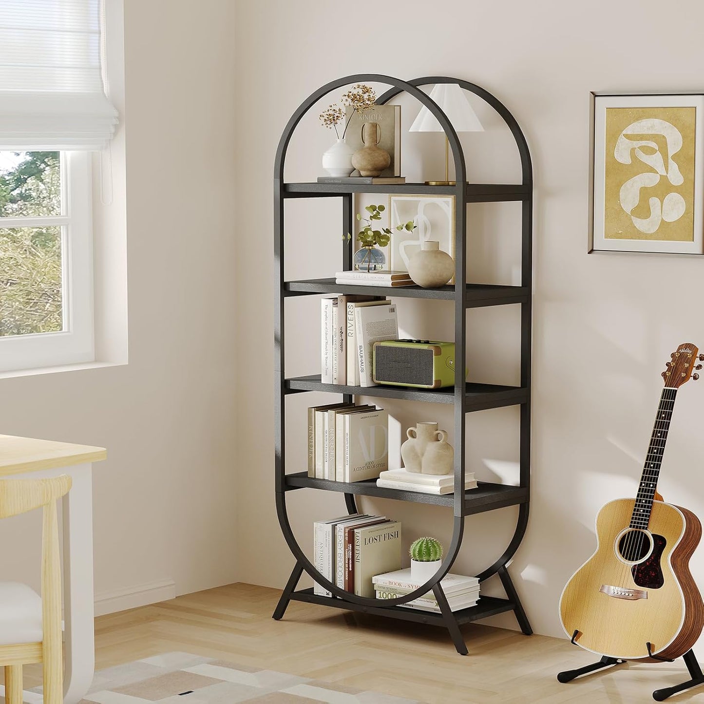 Bookshelf Arched Bookcase, Industrial 5 Tier Open Book Shelves with Metal Frame, 72" Tall Freestanding Display Rack for Home Office, Living Room, Black
