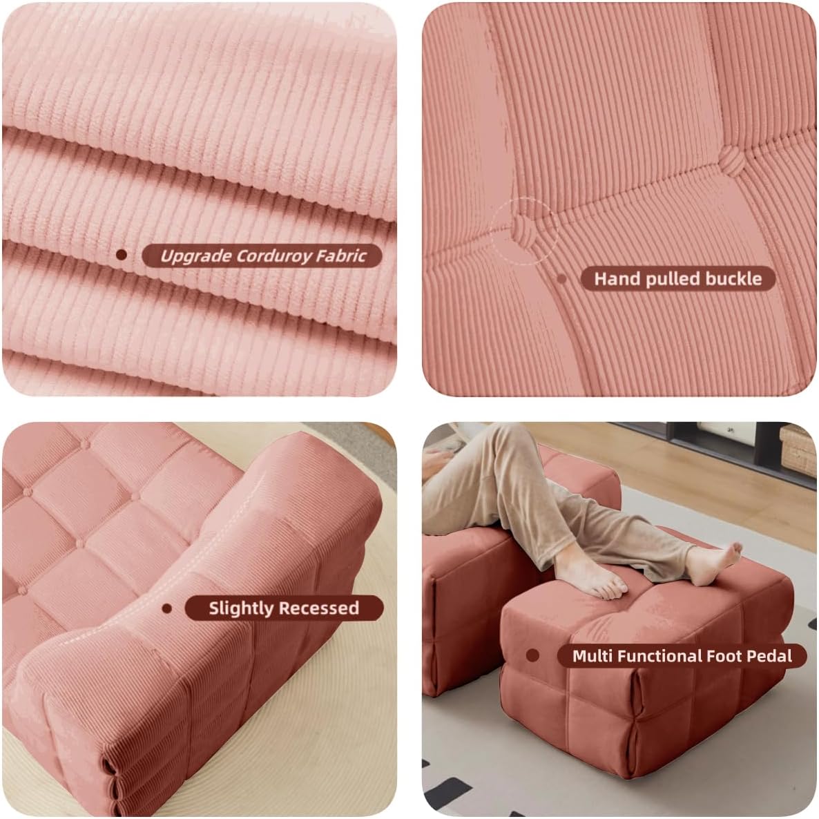 Bean Bag Chair - Memory Foam Bean Bag Chair for Adults, Comfy High-Resilience Single Sofa, Small Space Floor Chair, Chaise Lounge for Living Room, Bedroom (Pink, Square + Ottoman)