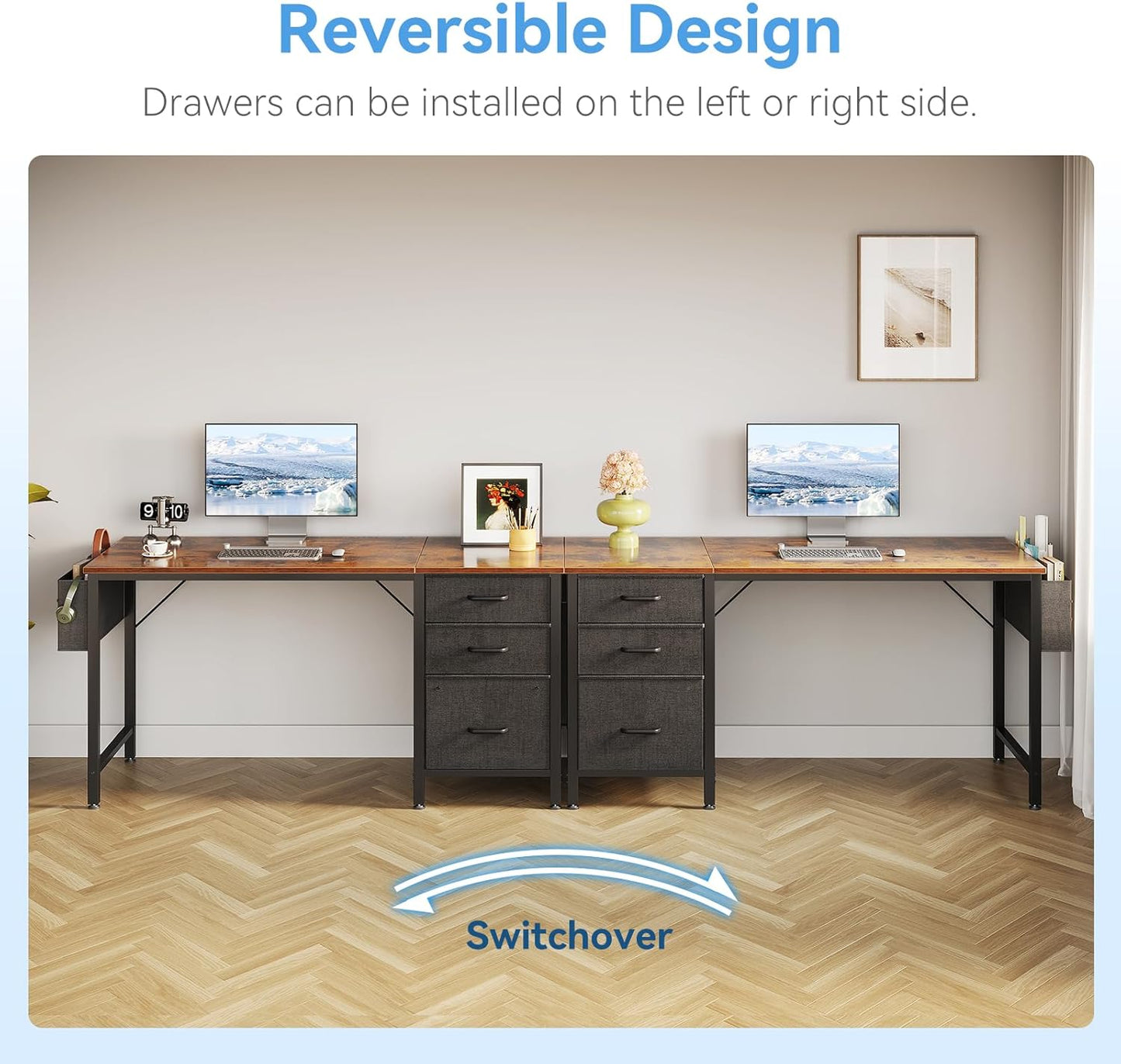 Casaottima 48" Small Computer Home Office Desk for Bedroom with Fabric Drawers & File Cabinet, Cloth Storage Bag and Hook, Writing Study Work Table for Small Space, Vintage