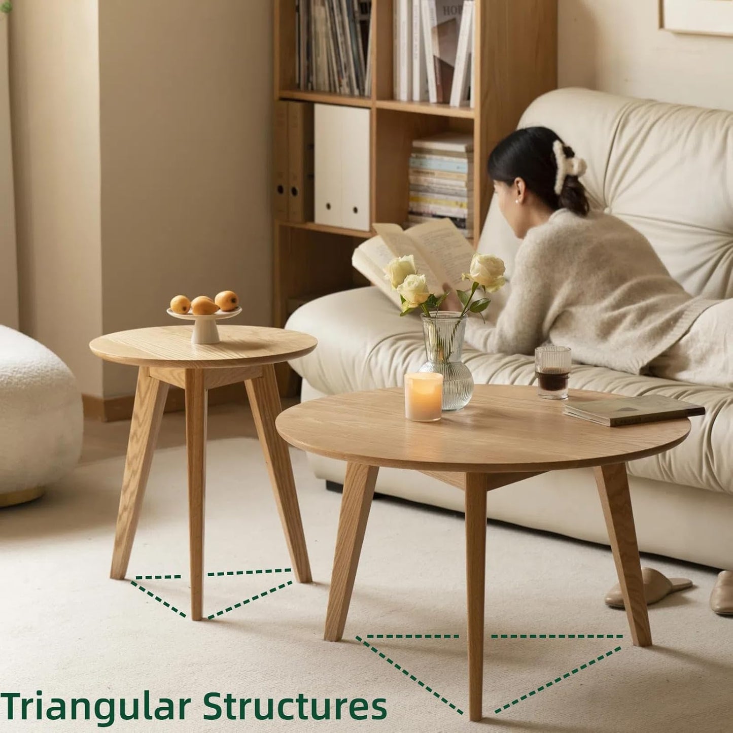 100% Solid Oak Wood Mini Coffee Table, Round Living Room Table Side Table w/Solid Wood Legs, Walnut Mid Century Sturdy Tables for Bedroom Balcony Living Room (23.62" D x 13.78" H)