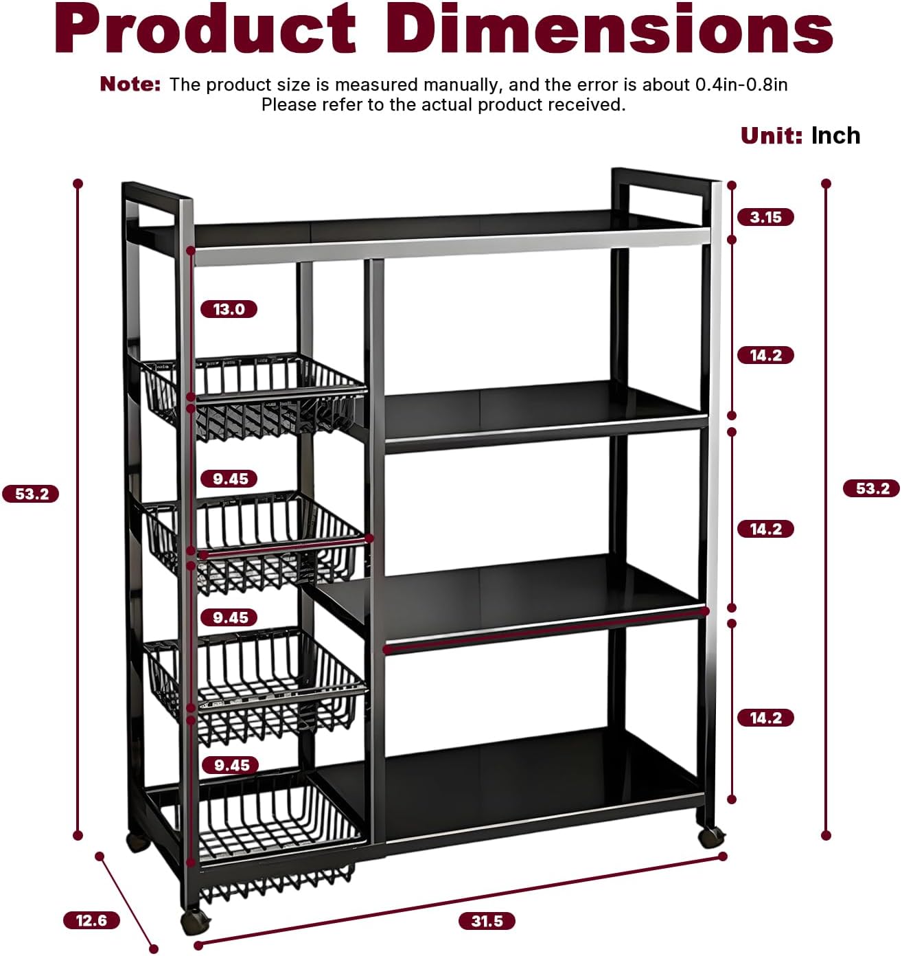 4-Tier Versatile Metal Storage Rack,Vegetable Fruit Basket Kitchen Storage Rolling Cart on Wheels, Kitchen Storage Shelf with 4 Removable Mesh Baskets,Can be Used in Bedrooms,Kitchens,Living Rooms