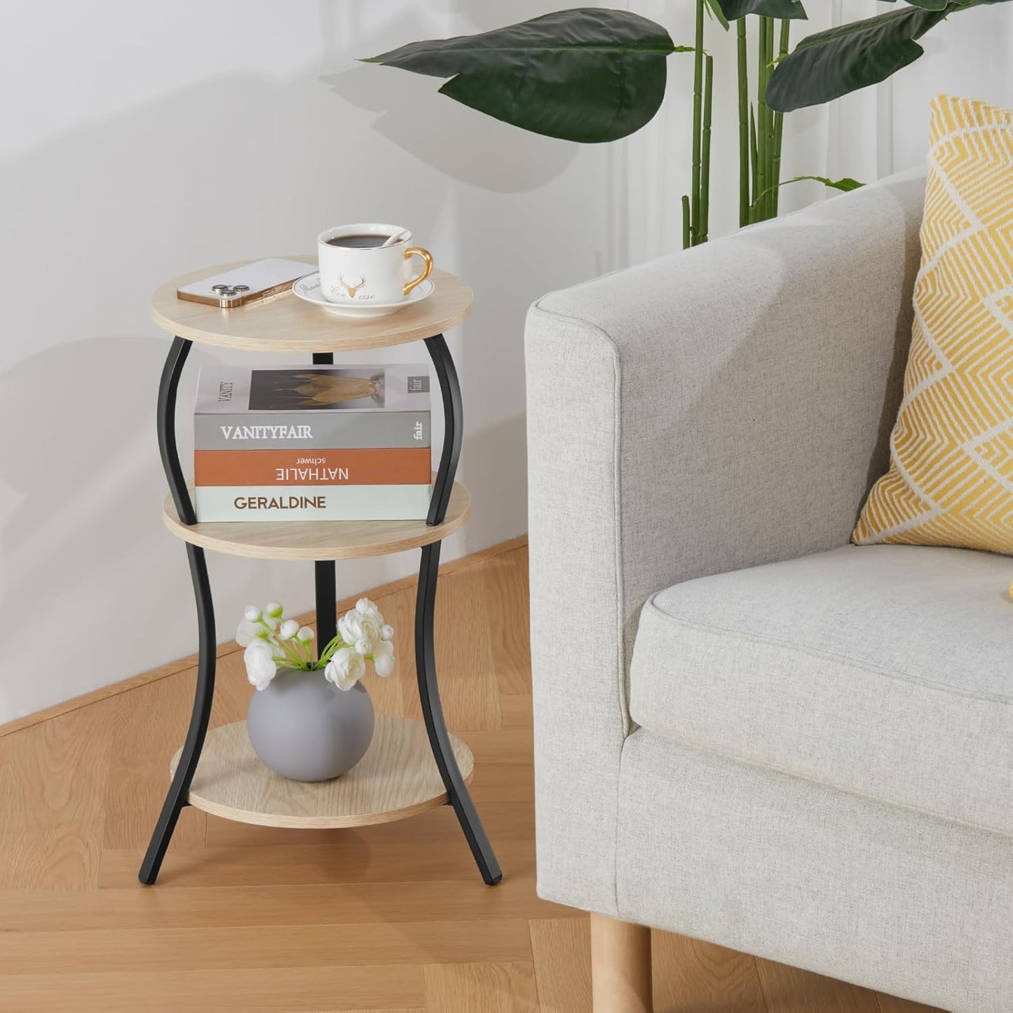 Vintage Small Round Side Table, 3-Tier Slim Waist Circular End Table with Storage Shelf, Compact Tea Sofa Side Table, Round Corner Coffee Table Nightstand for Living Room Bedroom Small Spaces,Oak