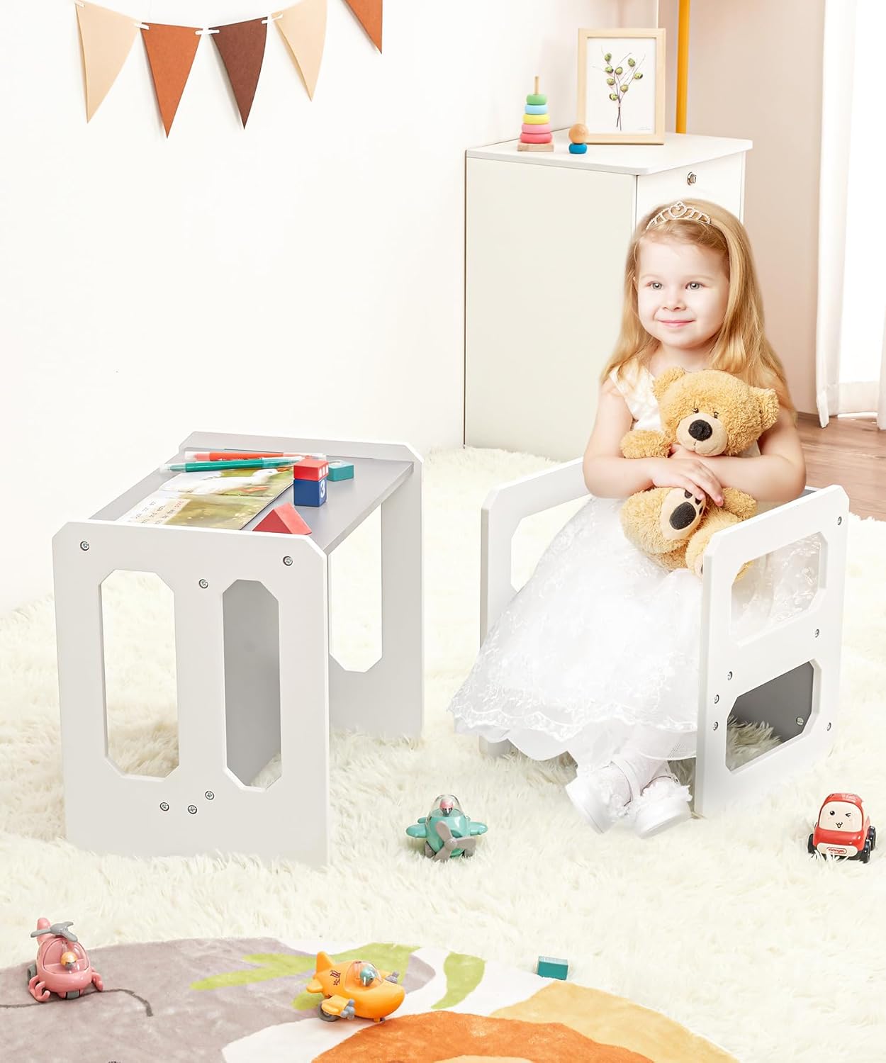 Kids Table and Chair Set, 3-in-1 Wooden Children's Furniture, Water Resistant, Easy to Clean,Toddler Weaning Table for Bedroom, Playroom, Living Room (Grey and White)