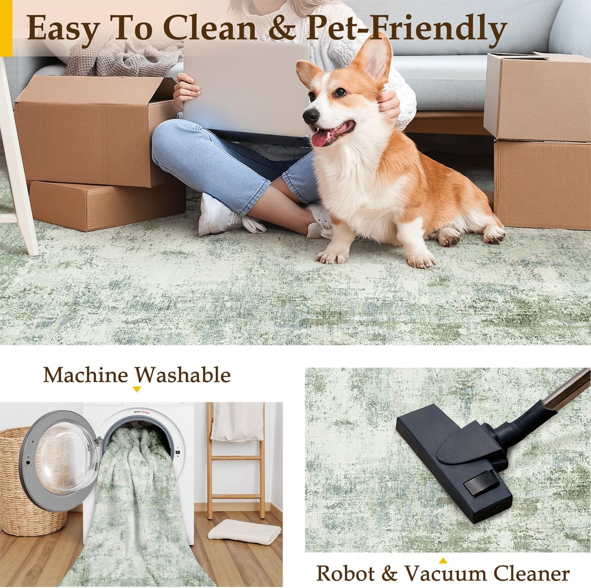 6x9 Washable Area Rug Green Modern Neutral Abstract Living Room Bedroom Indoor Floor Carpet Low Pile Soft Non-Slip Lightweight Vacuumable Throw Rug for Nursery Dining Room Office