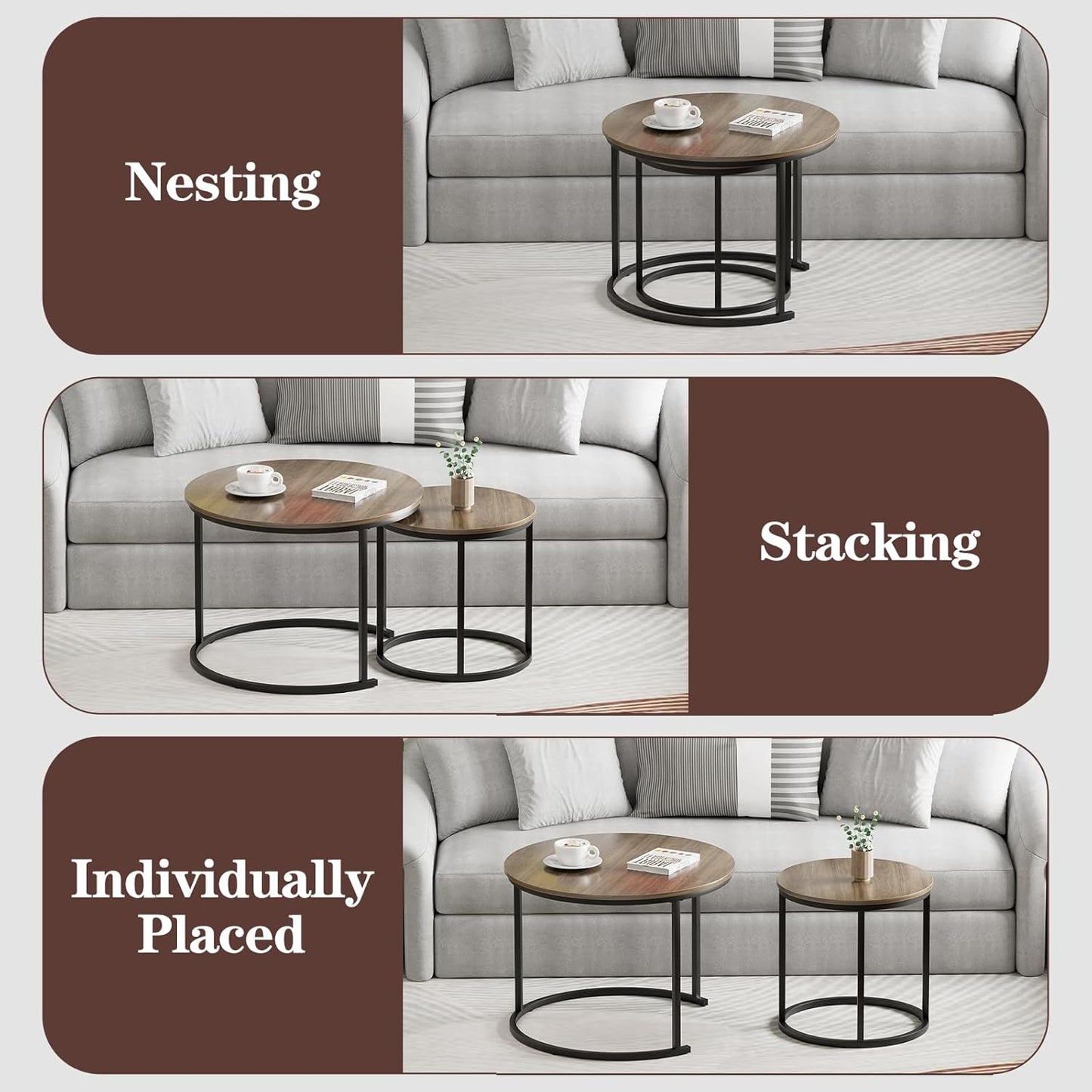 Garden 4 you Nesting Coffee Table, 23.6" Round Coffee Table Set of 2, Wooden Nesting Table Set with Metal Frame, Side Tables for Living Room Bedroom Balcony, Brown