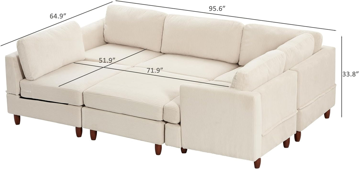 127.5" L/U-Shaped Sectional Couch with Movable Ottoman & 6 Removable Back Cushion, Corduroy Fabric Upholstered 6 Seat Modular Sleeper Sofa,DIY Free Combination Couches for Living Room,Beige