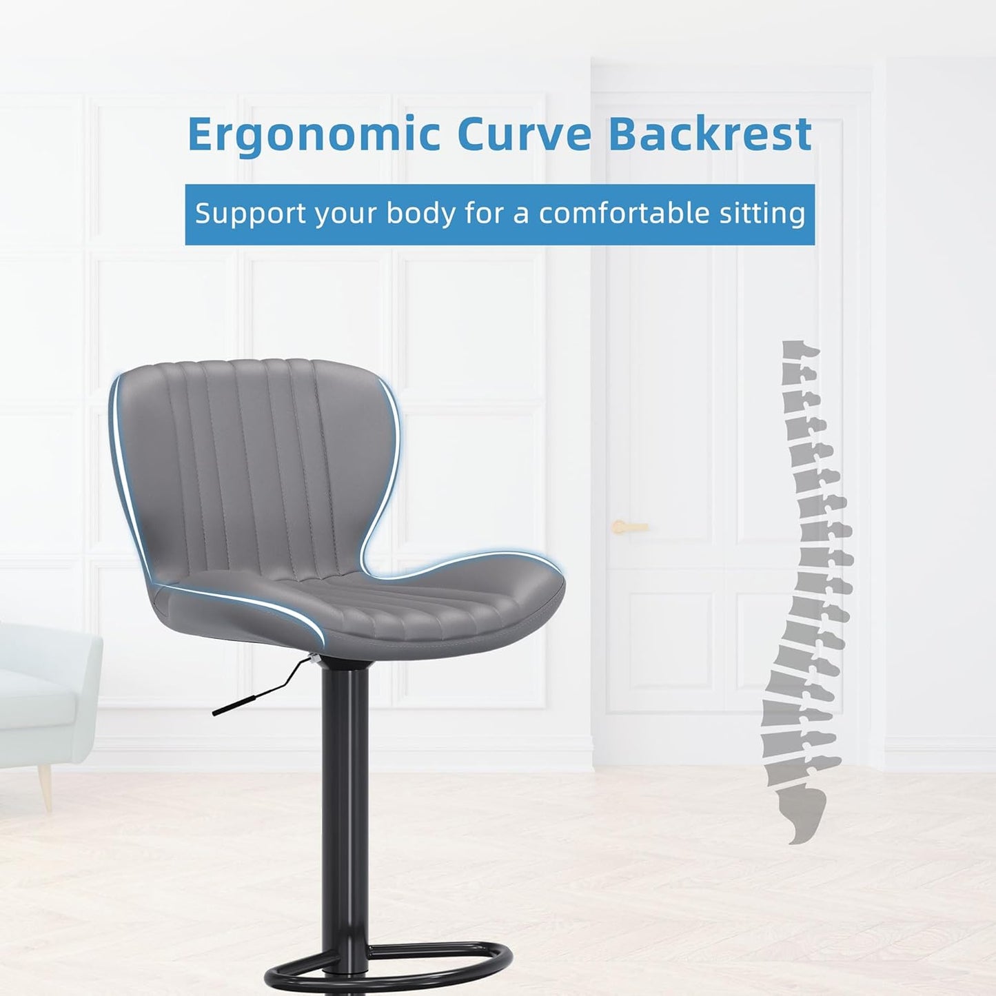 Shintenchi Bar Stools Set of 6 Modern Swivel Bar Chairs, Counter Height Faux Leather Metal Barstools, Upholstered Island Chairs with Back and Footrest, Gray