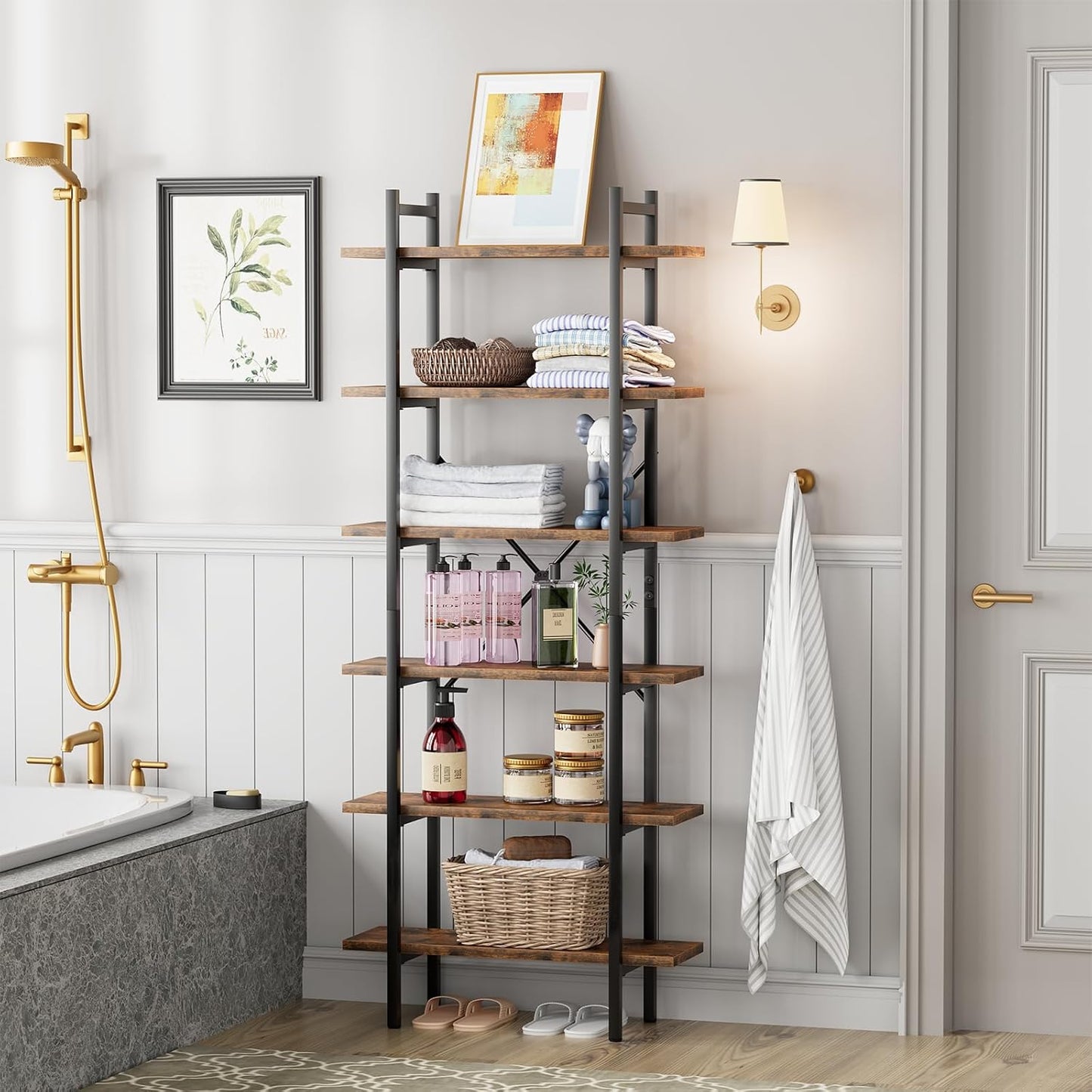 6 Tiers Bookshelf Organizer Industrial Shelf,Modern Open Display Storage Bookcase,Rustic Brown and Metal Bookshelf Standing Storage Shelf Tall Shelving Units for Home Office Study