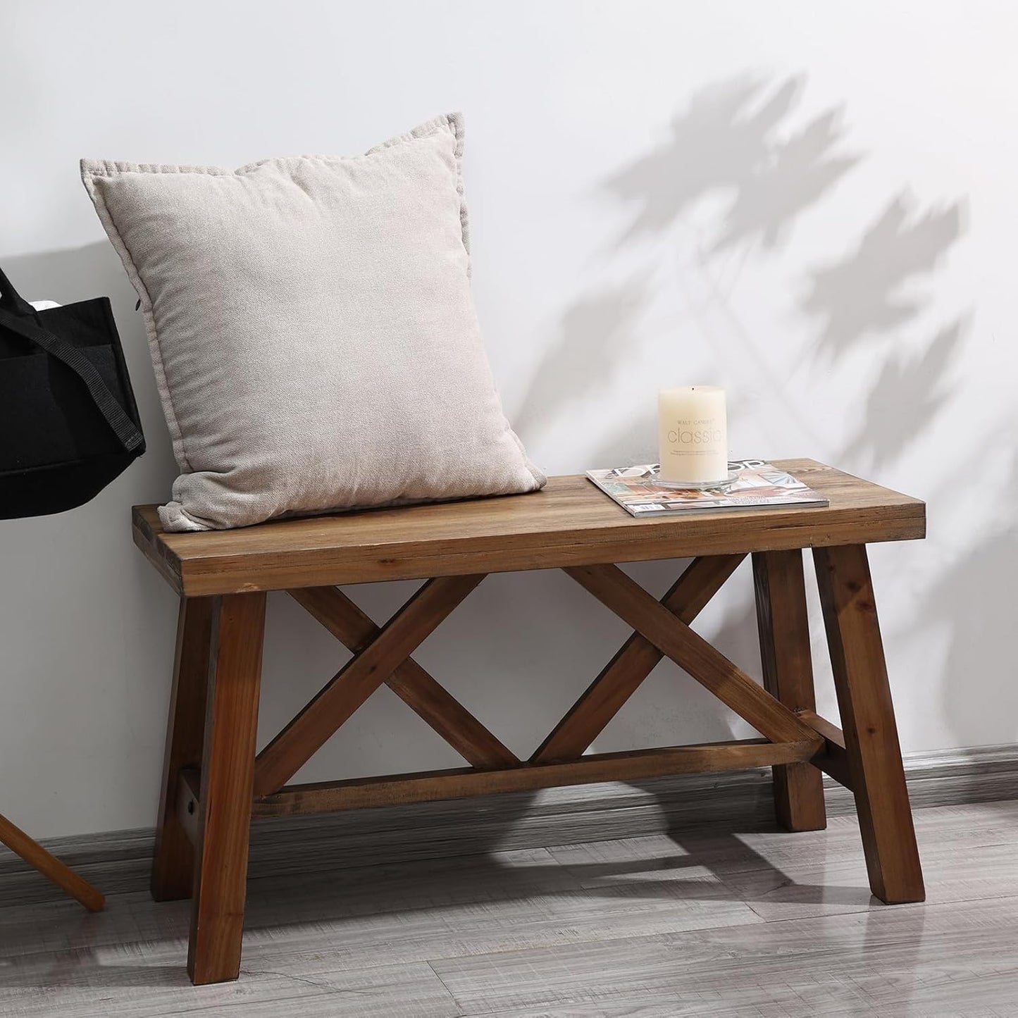 Wnutrees 30" Farmhouse Wood Bench, Rustic Solid Wood Entryway Bench Seat with Double X-Structure for Dining Room, Living Room, Hallway, Structural Stability, Natural