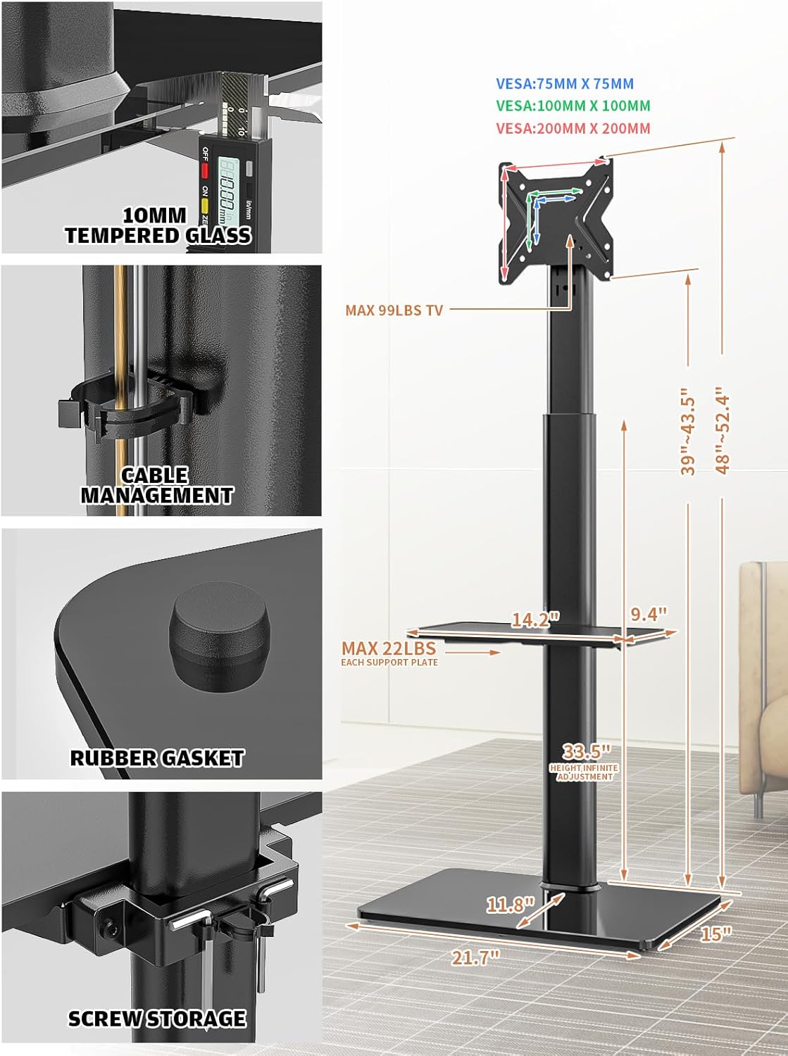 Universal Floor TV Stand with Mount for 19 to 43 inch Flat Screen TV, 100 Degree Swivel,Adjustable Height and Tilt Function, 2 Shelves Space Saving Standing TV Mount for Bedroom Living Room Corner