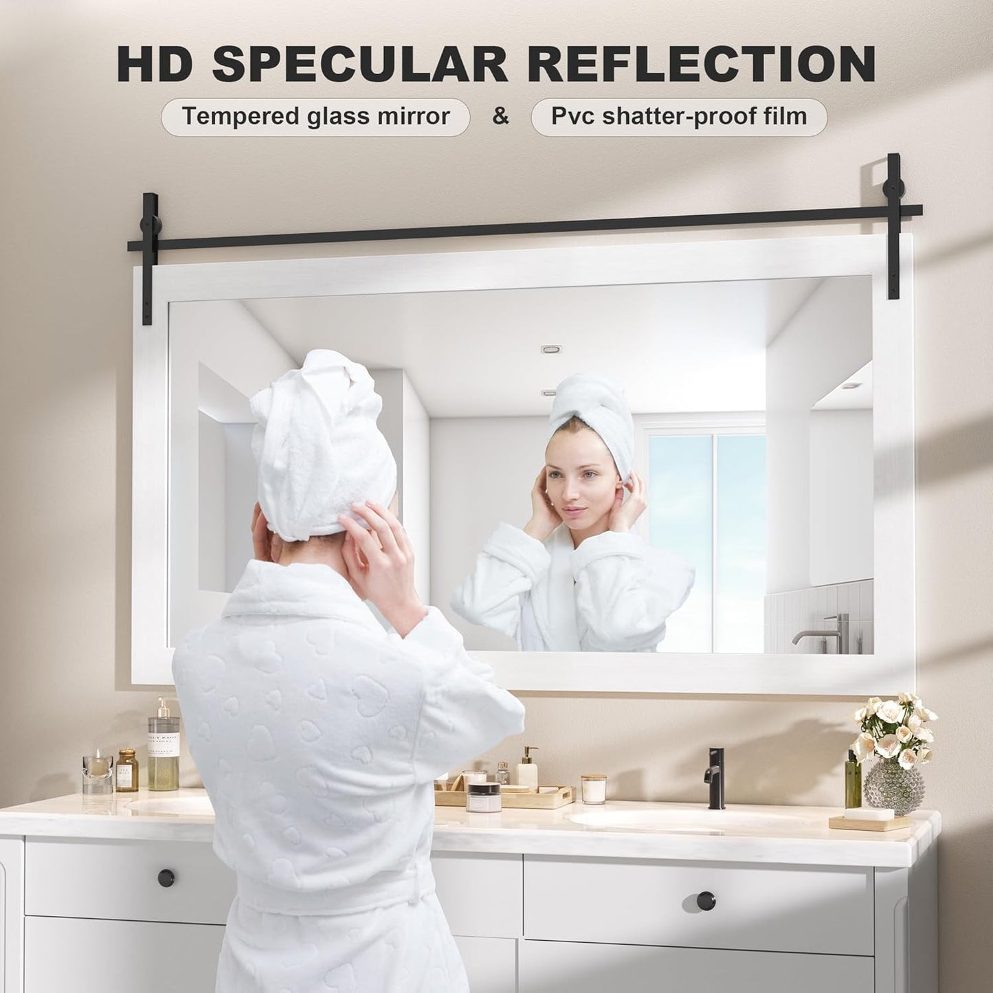 Hasipu Farmhouse Bathroom Mirror, 55"x36" Rustic Wood Framed Wall Mounted Mirror, White Vintage Vanity Mirror Barn Door Style Decrative Mirrors