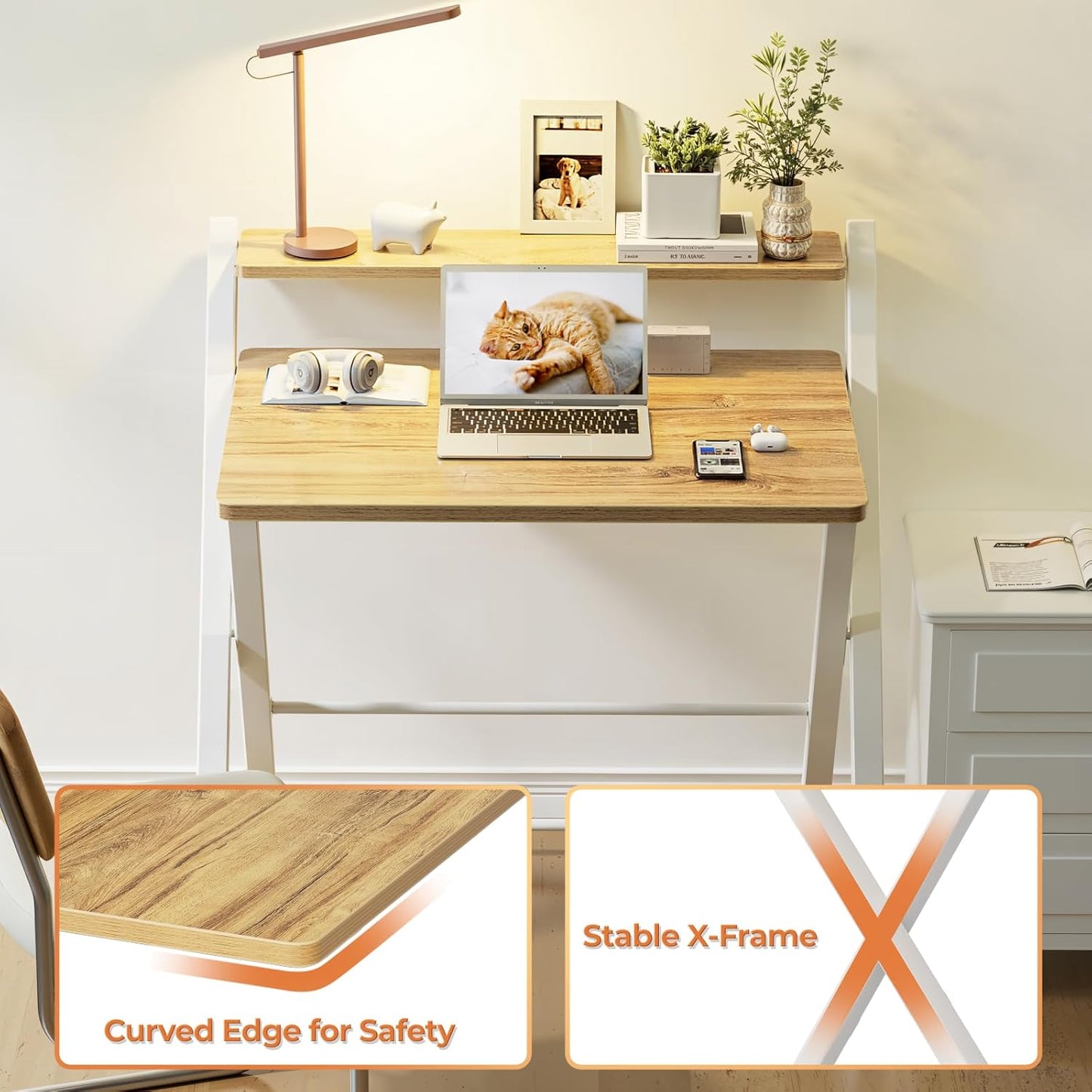 GreenForest No Assembly Folding Desk, 2-Tier Compact Computer Desk with Shelf, 30 inch Space Saving Foldable Table for Home Office, Dorm or Apartment, Portable Collapsible Sturdy Laptop Desk, Oak