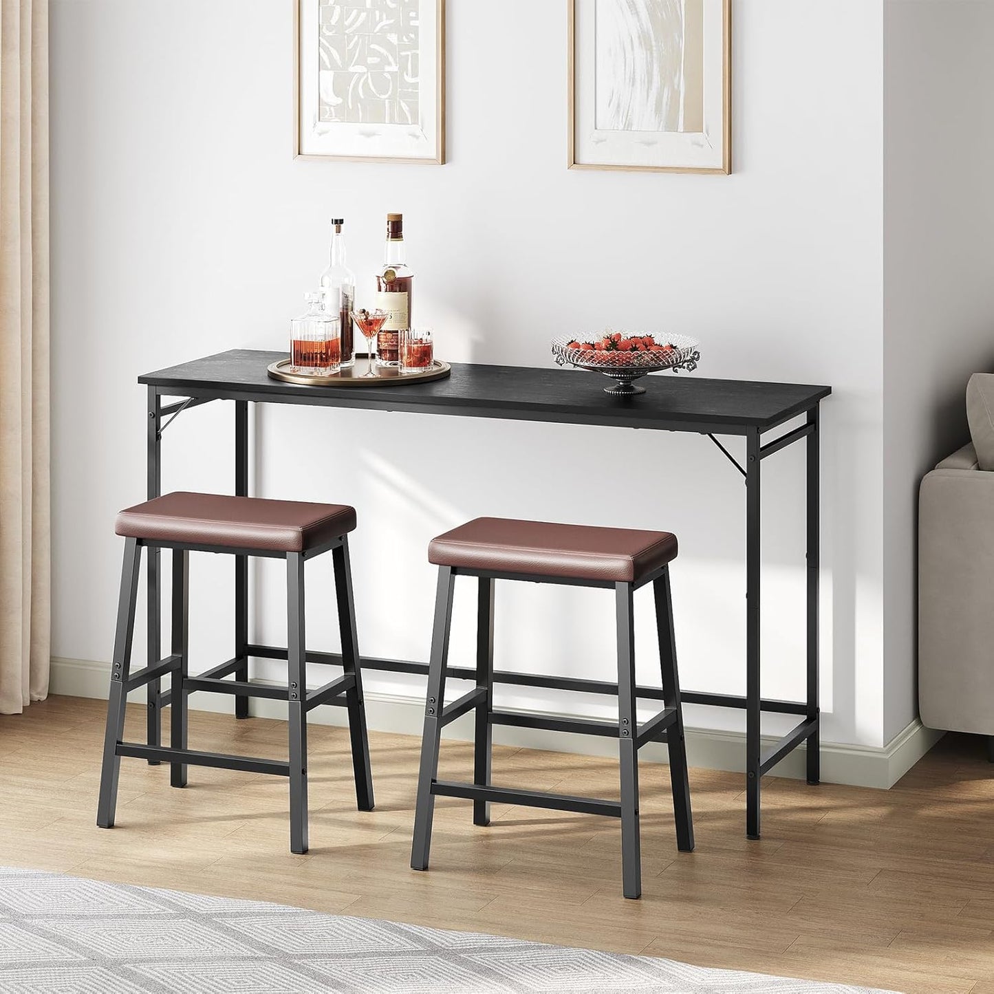 HOOBRO Bar Stools, 24" Set of 2 Bar Chairs, PU Leather Upholstered Breakfast Stools, Easy Assembly, Suitable for Kitchen, Bar, Dining Room, Brown and Black BC01MD01