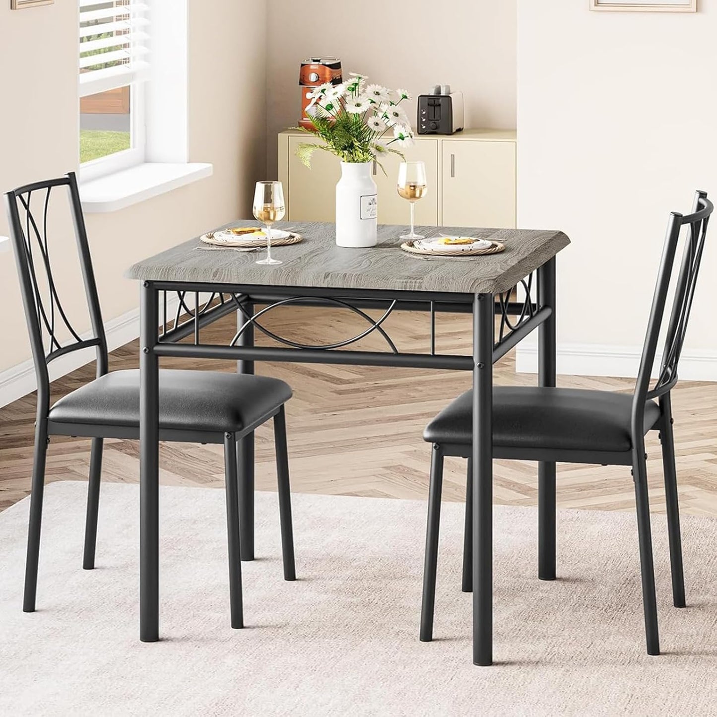 CABIHOME Dining Table Set for 2, 3 Piece Kitchen Table Set with 2 Upholstered Chairs, Square Kitchen Table Set for Small Space, Apartment, Dining Room, Retro Gray
