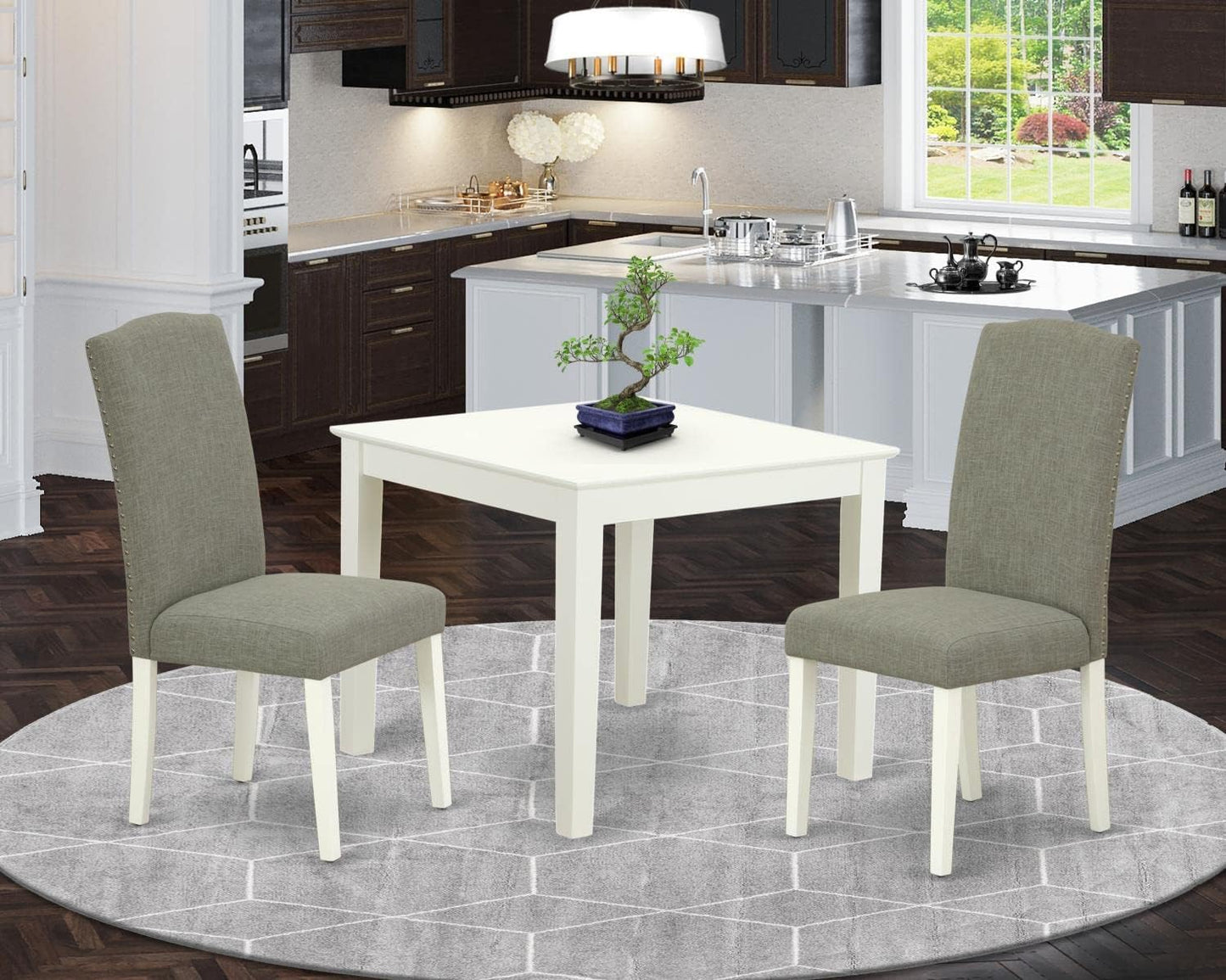 East West Furniture OXEN3-LWH-06 3 Piece Kitchen Table Set for Small Spaces Contains a Square Dining Room Table and 2 Dark Shitake Linen Fabric Upholstered Chairs, 36x36 Inch, Linen White