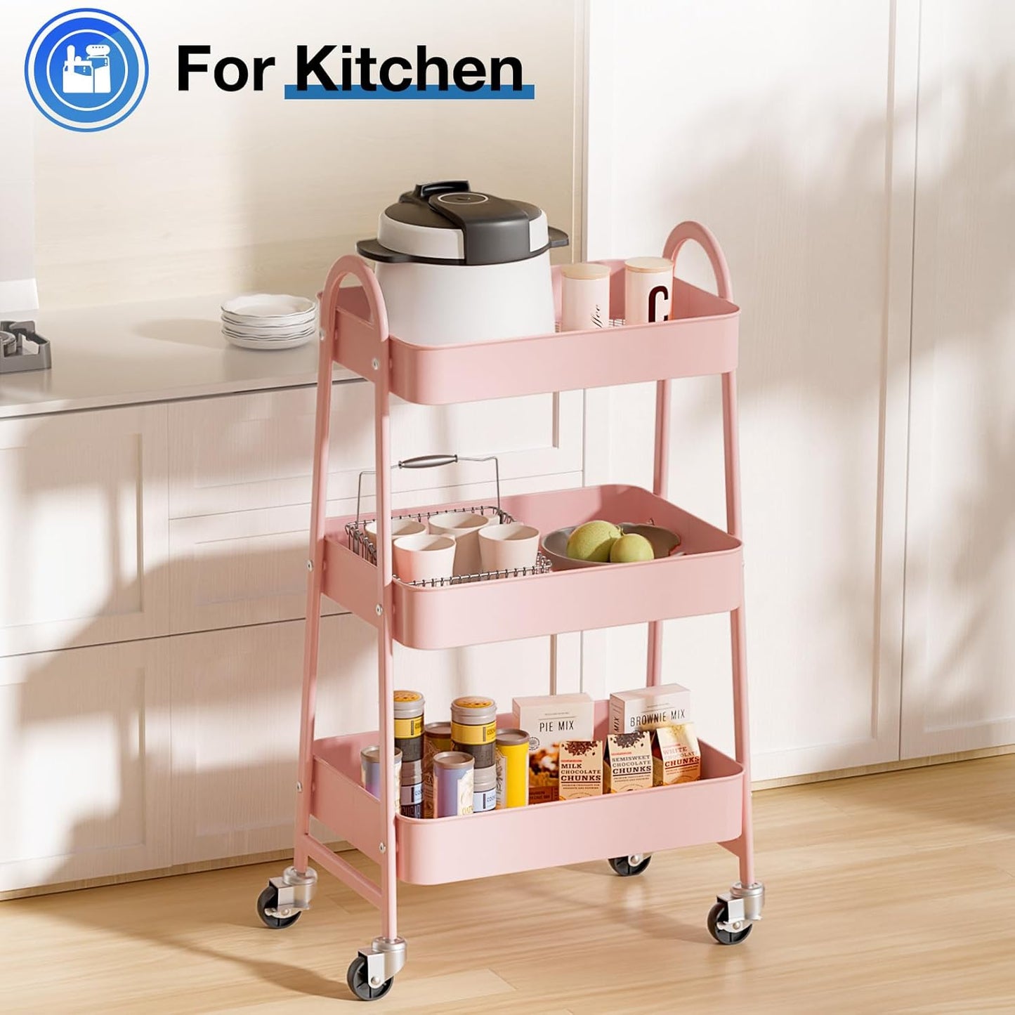 OLIXIS 3 Tier Utility Rolling Cart, Metal Mobile Storage Shelf with Lockable Caster Wheels, Organization for Livingroom, Bathroom, Kitchen, & Narrow Places, Pink