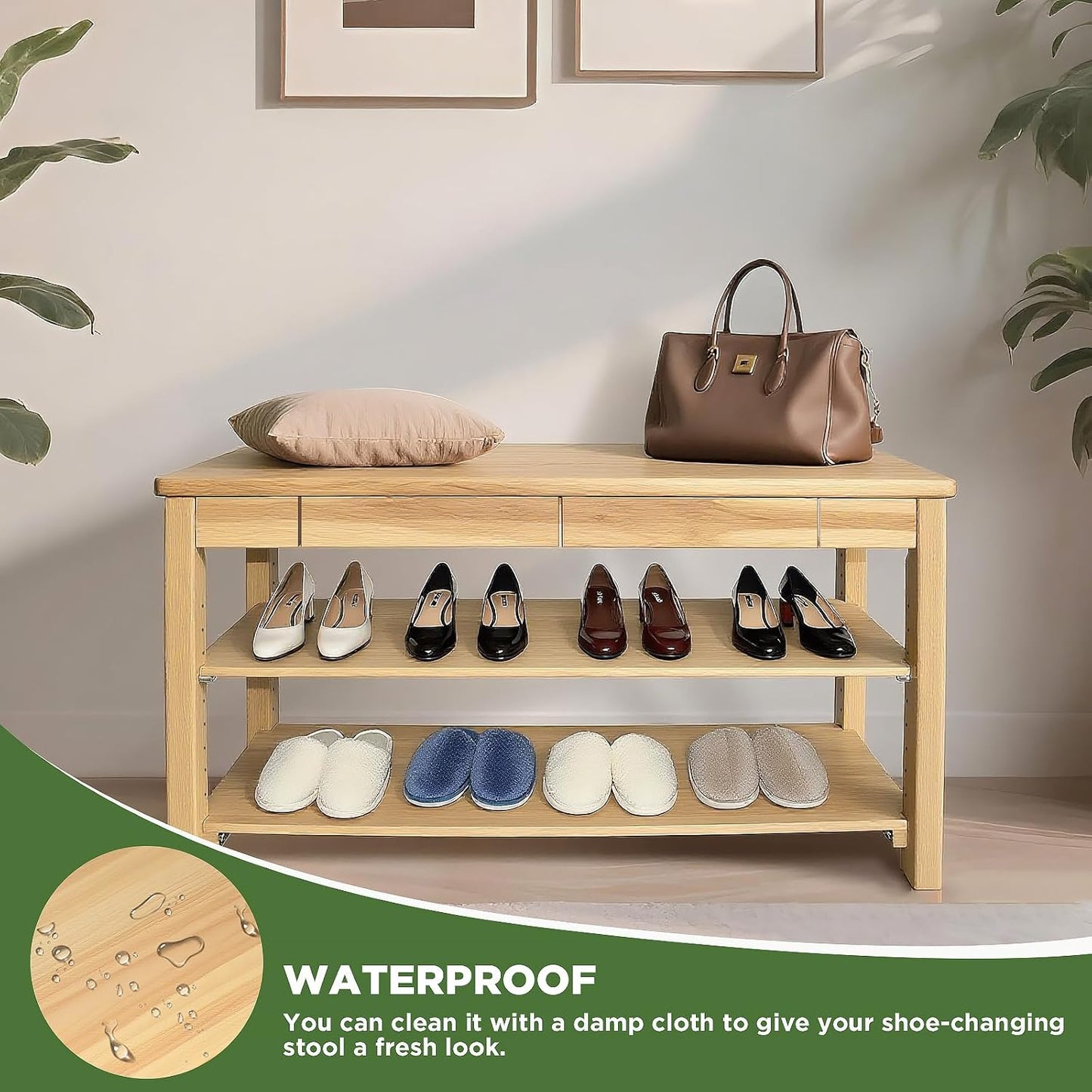 Wood Shoe Bench Entryway with Drawer: 2-Tiers Wooden Storage Shoe Rack with Bench Seat, Compact Mid-Century Modern Design for Entryway, Hallway,Closet,Front Door Entrance,Foyer Natural 43.3"