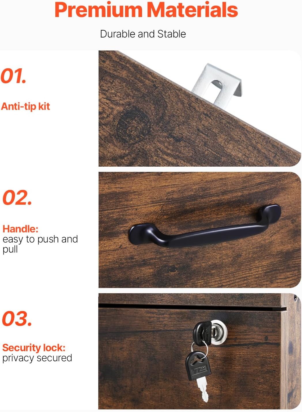 VEVOR 3 Drawer File Cabinet with Lock, Vertical Filing Storage Cabinets for Home Office, Heavy-Duty Locking Cabinet with 2-Level Adjustable Hanging Rod for A4/Letter/Legal Size File, Easy Assembly