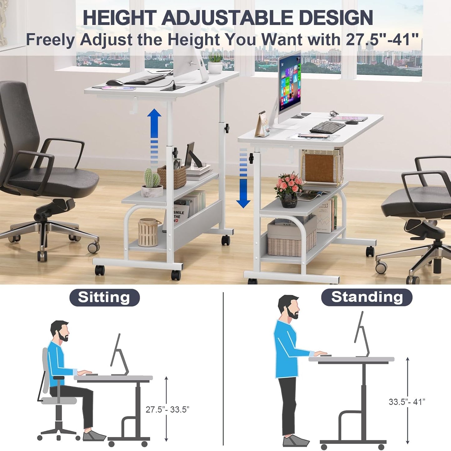 Armocity Height Adjustable Standing Desk with Power Outlets, 32" Manual Stand Up Desk with Storage Shelves Small Mobile Rolling Computer Desks Portable Laptop Table with Wheels for Home Office, White