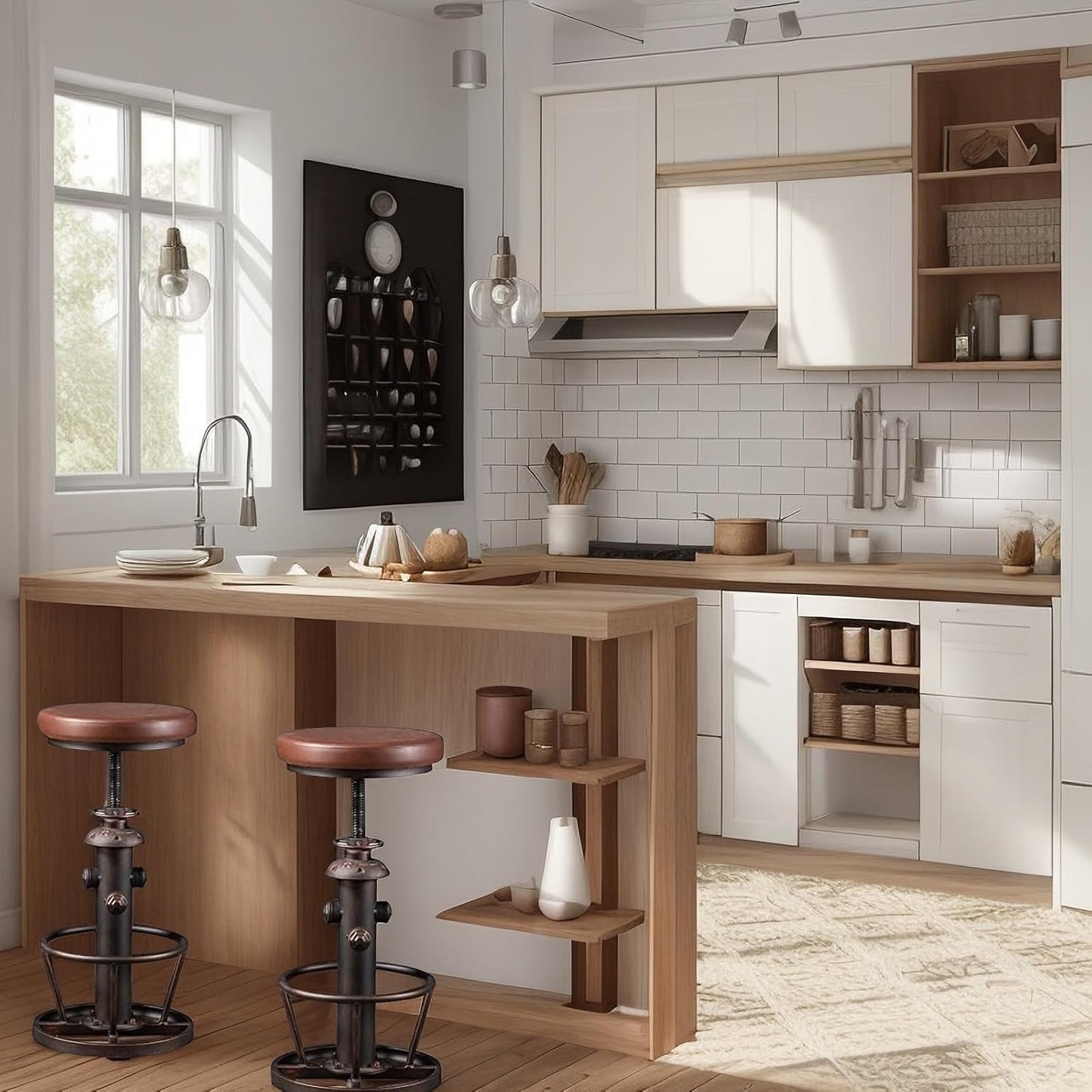 Vintage Swivel Bar Stools Industrial Leather Seat Bar Stool Fire Hydrant Design Kitchen Dinning Chair 24-30inch Height Adjustable with Footrest