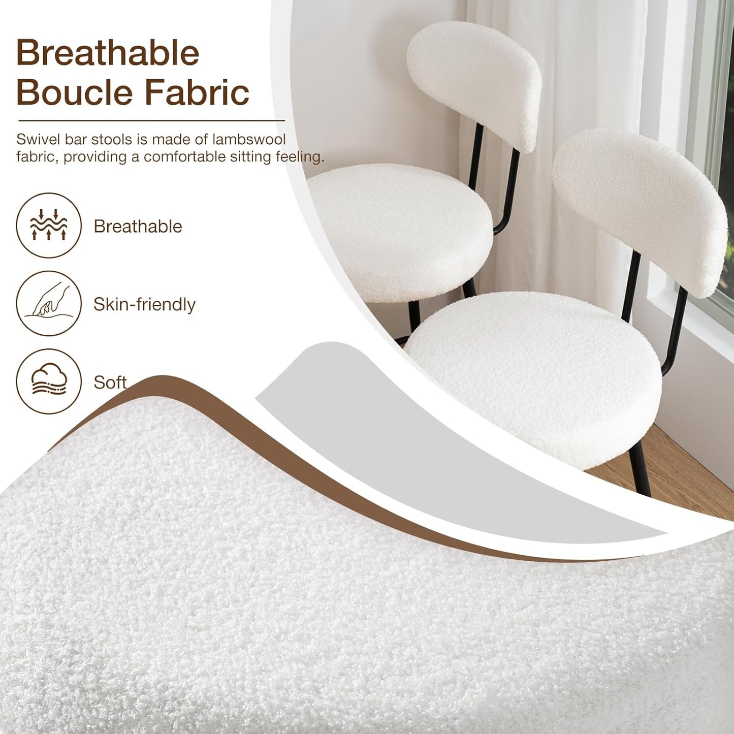 HOMMPA Swivel Bar Stools Set of 3 Counter Height Bar Stools Chiars 26'' Boucle Upholstered Modern Counter Barstools with Back Metal Legs Bar Chairs for Kitchen Counter Island White