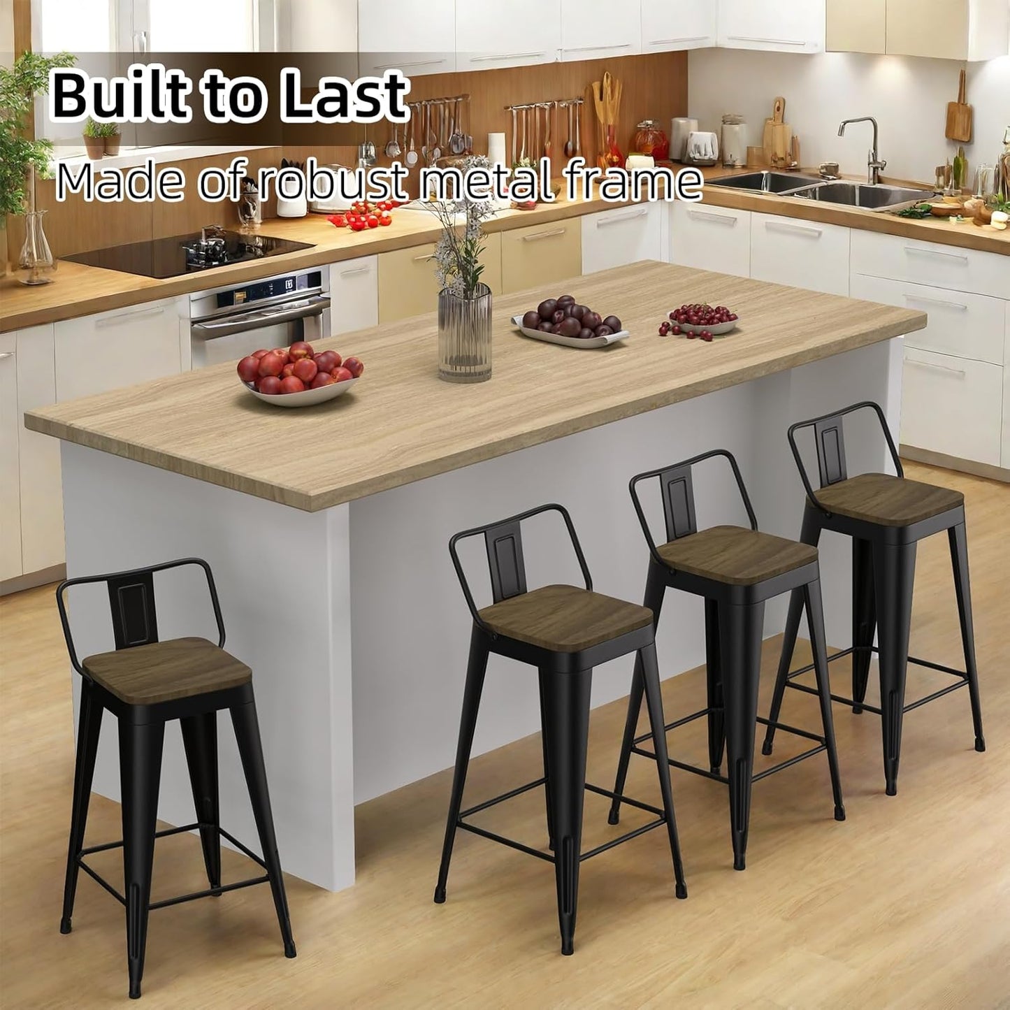 Black Bar Stools Set of 4, Metal Bar Stools with Wooden Seat, Modern 26”Counter Height Barstools with Low Back