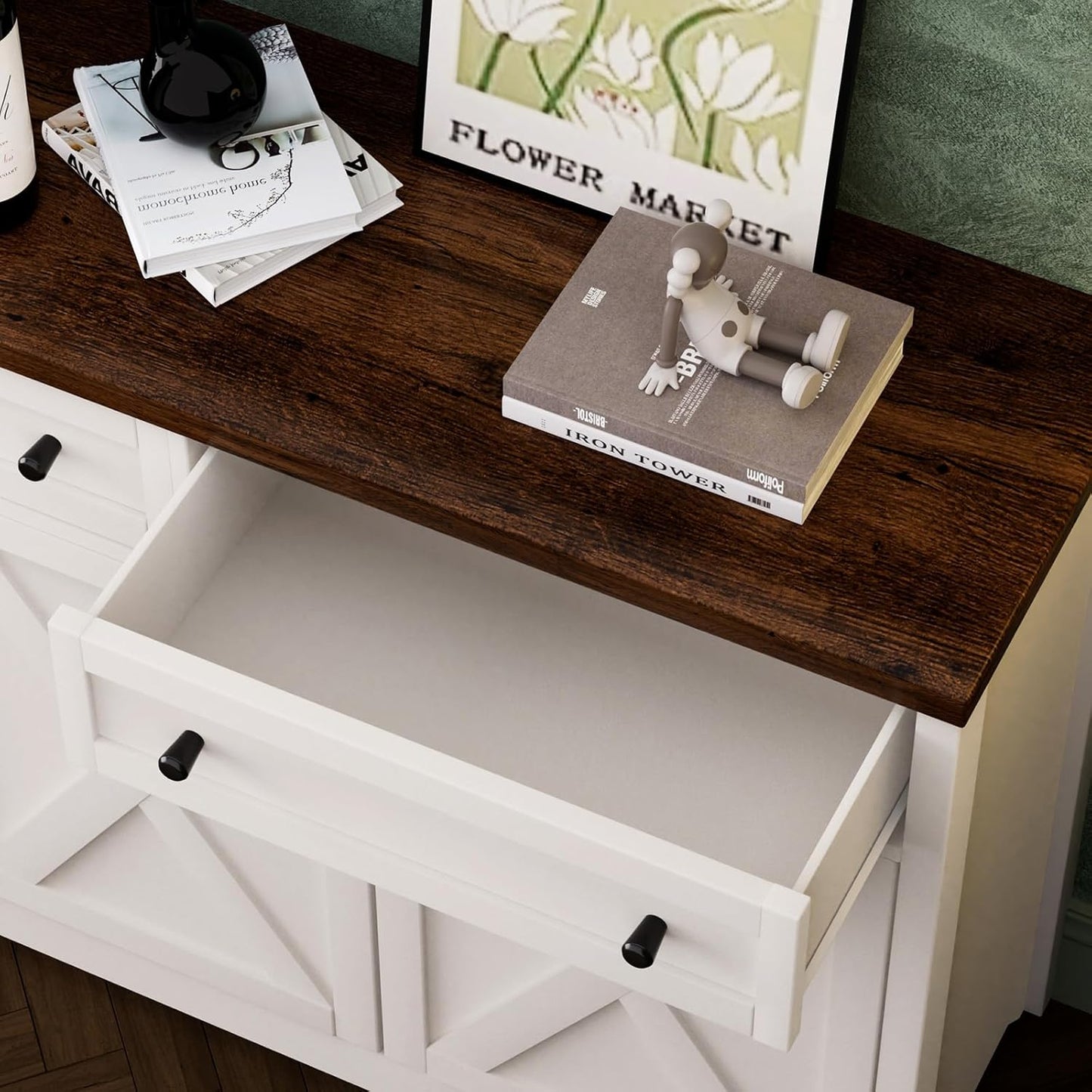 66'' Farmhouse Sideboard Buffet Cabinet with Storage, Large Kitchen Storage Cabinet with Barn Doors Drawers, Brown Coffee Bar Table for Dining Room Kitchen