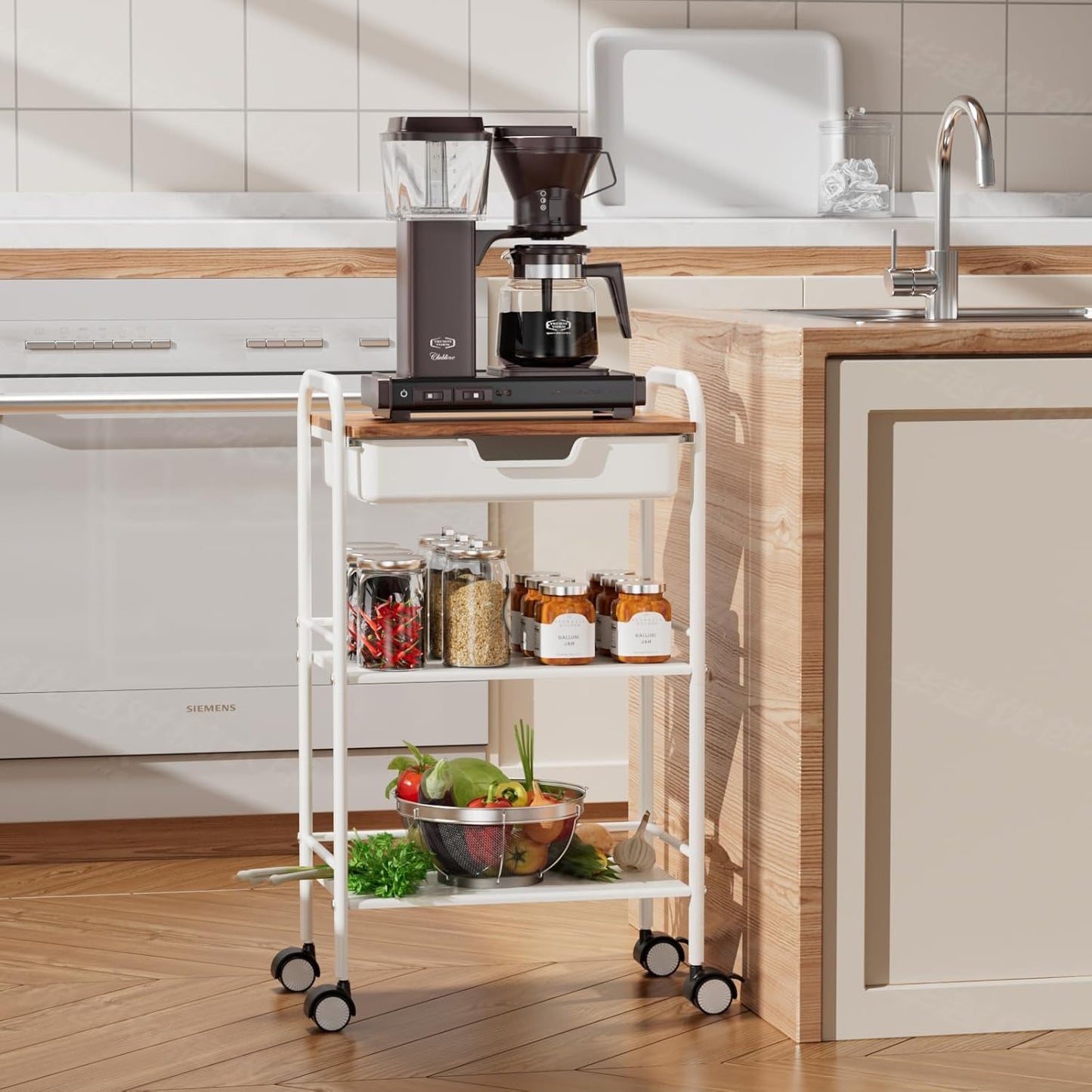 3 Tier Rolling Cart with Drawer, Metal Rolling Storage Cart with Table Top, Modern Utility Cart on Wheels Kitchen Cart Storage Organizer for Bathroom Office Living Room, White