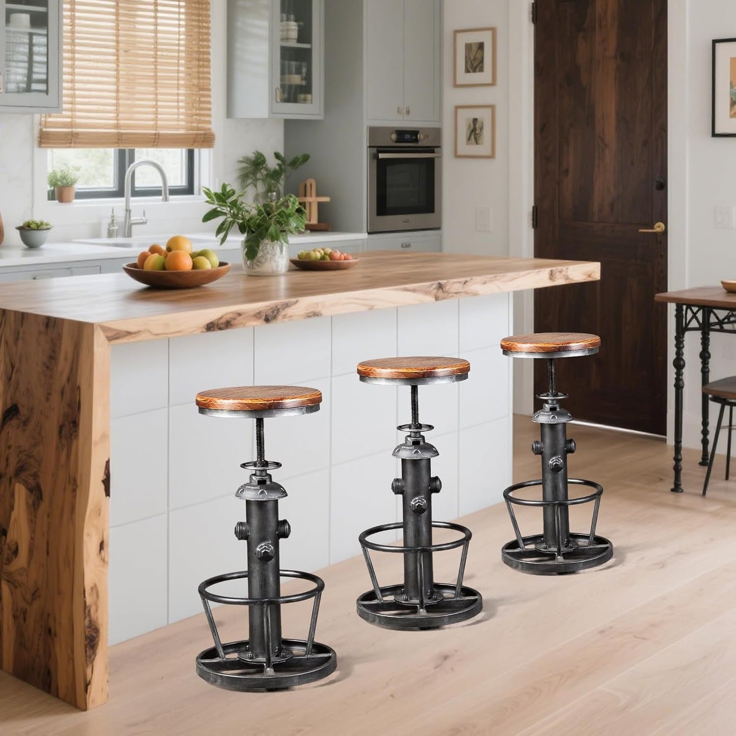 Topower Antique Industrial Round Bottom Adjustable Height Cafe Coffee Retro Vintage Stylish Water Pipe Design Pub Kitchen Bar Stool (Silver, Wooden Top)