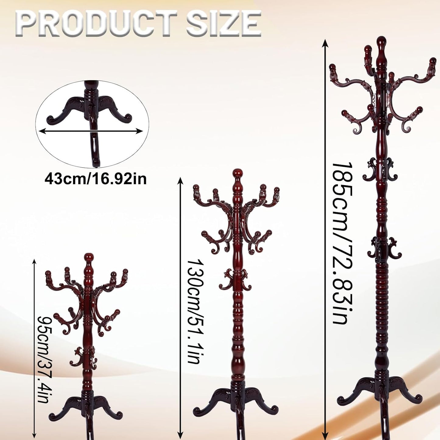 73" Wooden Coat Rack Stand,Coat Racks Freestanding With 14 Hooks And Solid Round Base Heavy Duty Adjustable Height Hall Tree Coat Rack for Entryway Hallway Foyer Office Bedroomf (3-Legged Redwood)