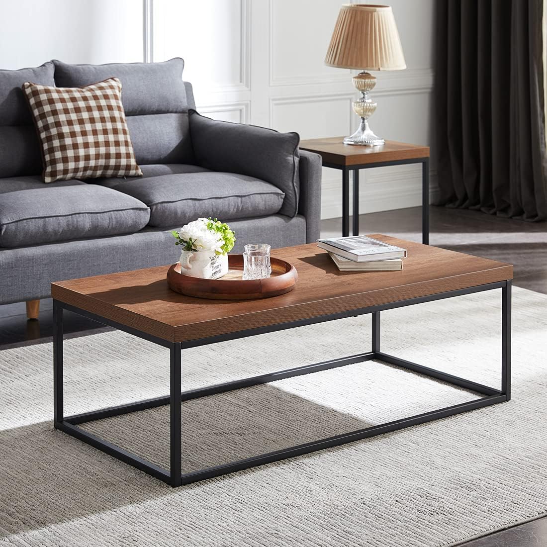 CENSI 47-Inch Dark Walnut Coffee Table for Living Room, Modern Industrial, Rectangular Wood and Metal Center Table with Extra Thick Tabletop (Dark Brown)