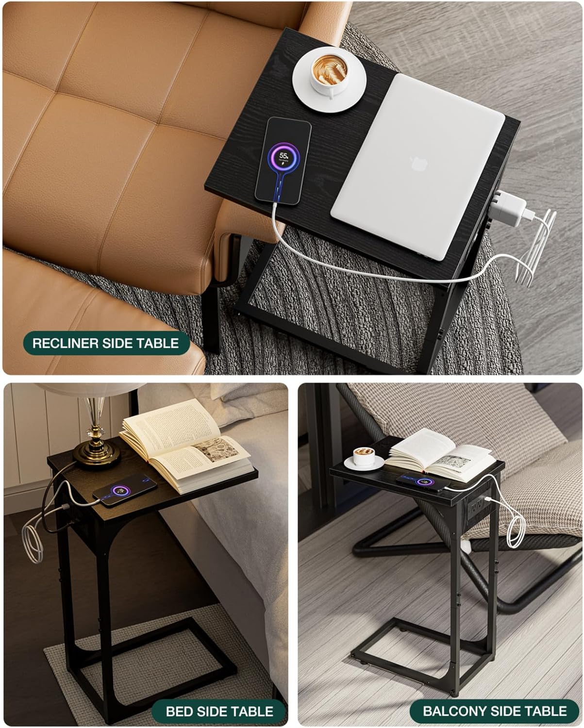 C-Shaped Side Table for Couch - Small Coffee Stand Sofa Tray Desk with Metal Frame Waterproof Scratch Resistant Wood Top and Built-in Charging Station, Black