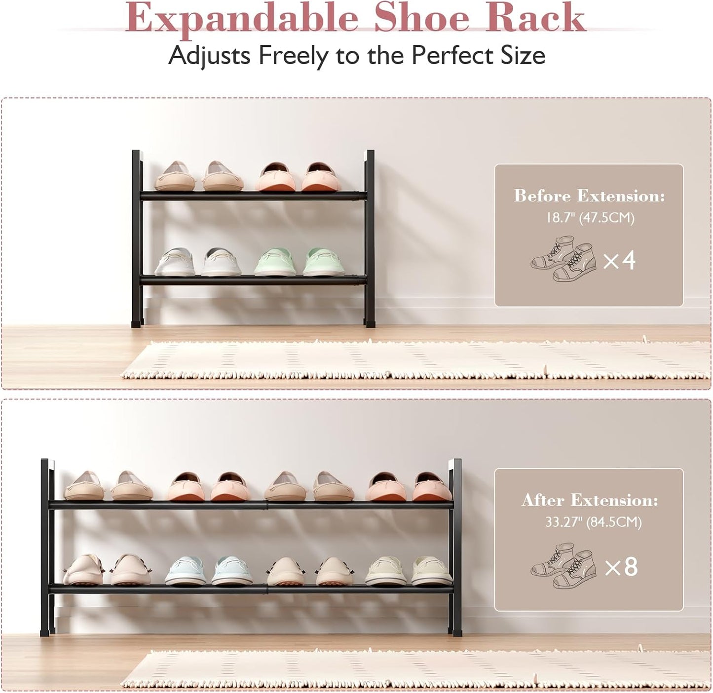 Bumusty 2 Tier Expandable Shoe Rack for Closet, 18“-33” Adjustable Shoe Rack for Small Space, Small Shoe Organizer for Front Door, Sturdy Metal, Black