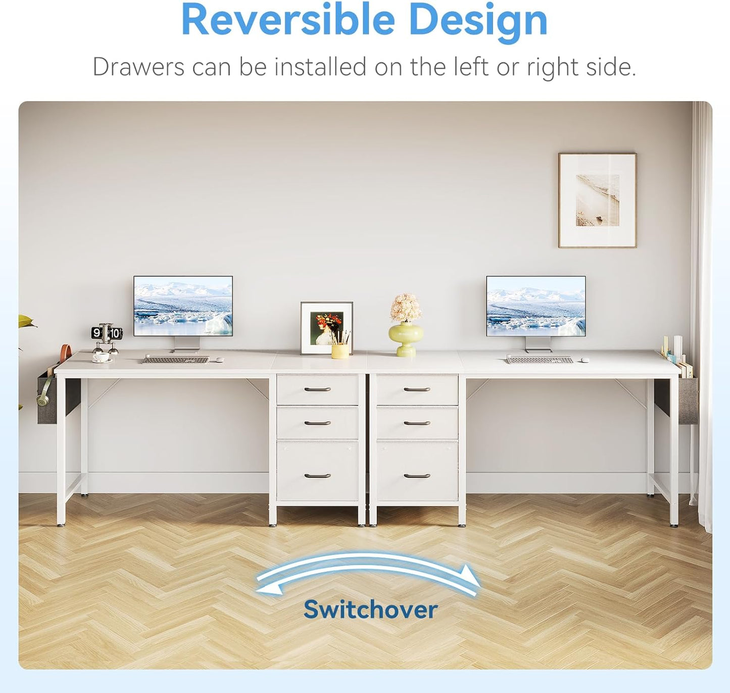 Casaottima 40" Small Computer Home Office Desk for Bedroom with Fabric Drawers & File Cabinet, Cloth Storage Bag and Hook, Writing Study Work Table for Small Space, White