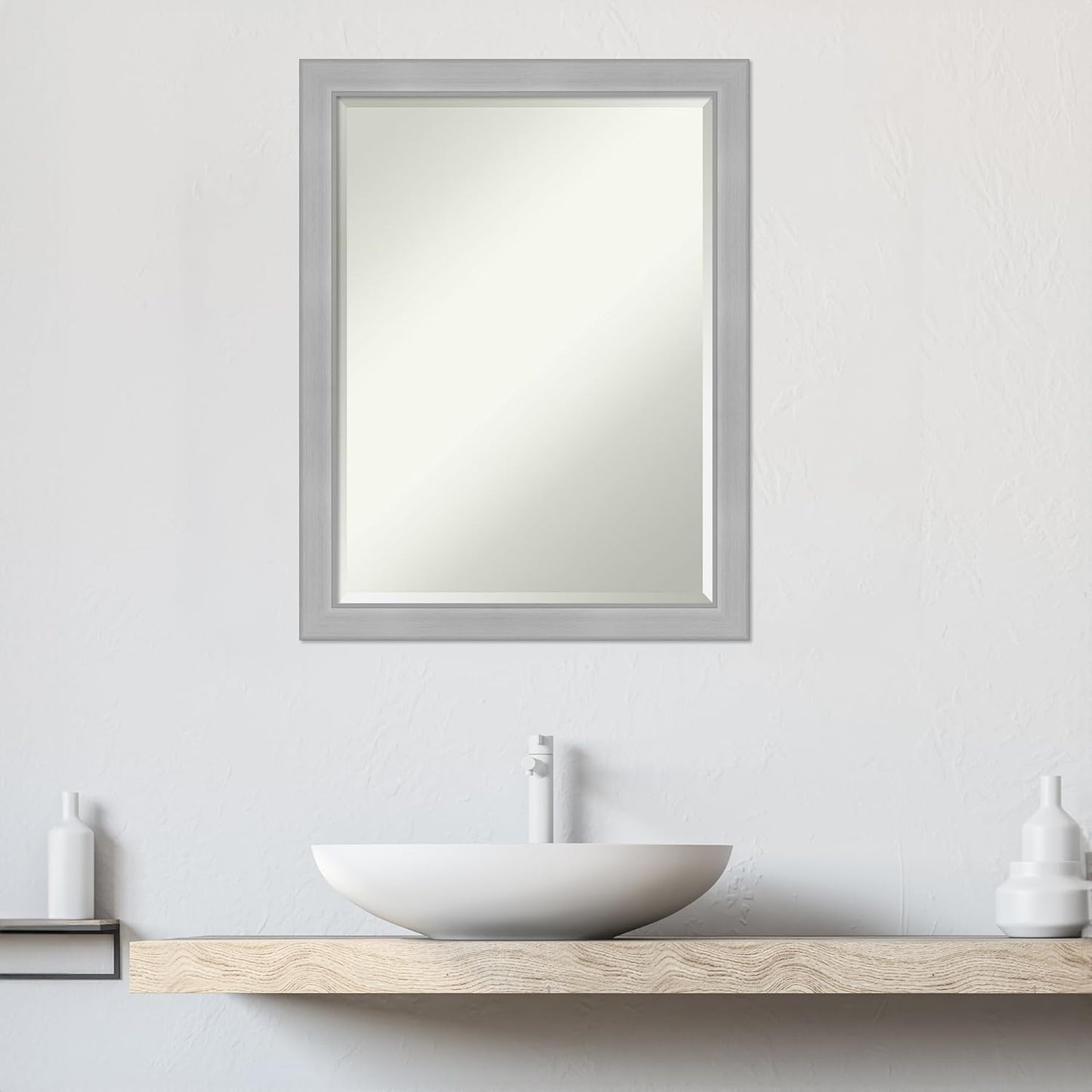 Amanti Art Silver Bathroom Mirror for Over Sink, 27x21 Vista Brushed Nickel Narrow Rectangle Vanity Mirror, Medium Casual Frame, Hangs Horizonally and Vertically, Bathroom Wall Decor, Beveled Edge