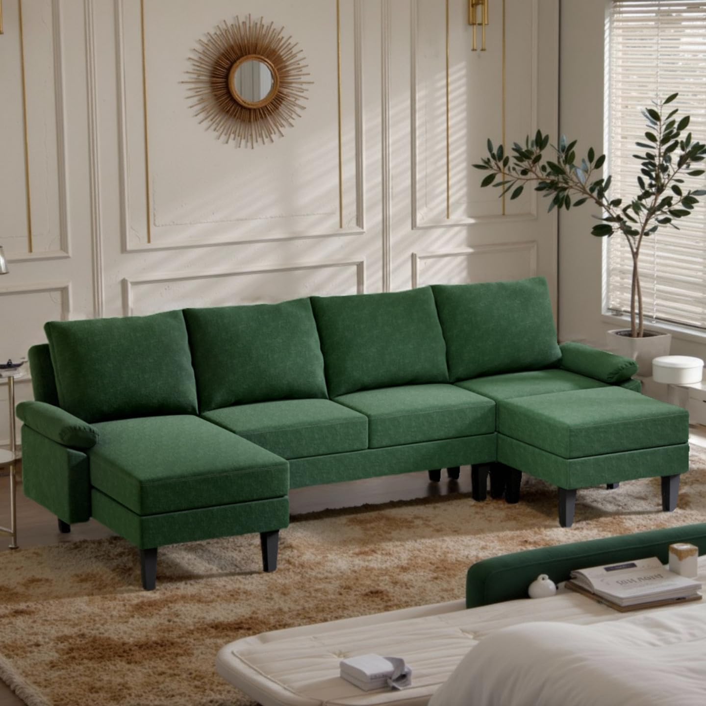 110 Inch U Shaped Sectional Couch with Storage Space, 6-Seat Sofa with Moveable Ottoman, Modern Modular Sofa for Living Room, Apartment, Green