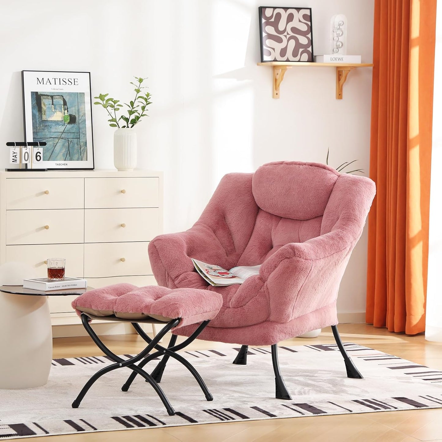 Cozy Lazy Chair and Ottoman, Large Contemporary Accent Lounge Chair Set, Leisure Upholstered Reading Armchair for Bedroom, Living Room, Dorm Rooms, Office