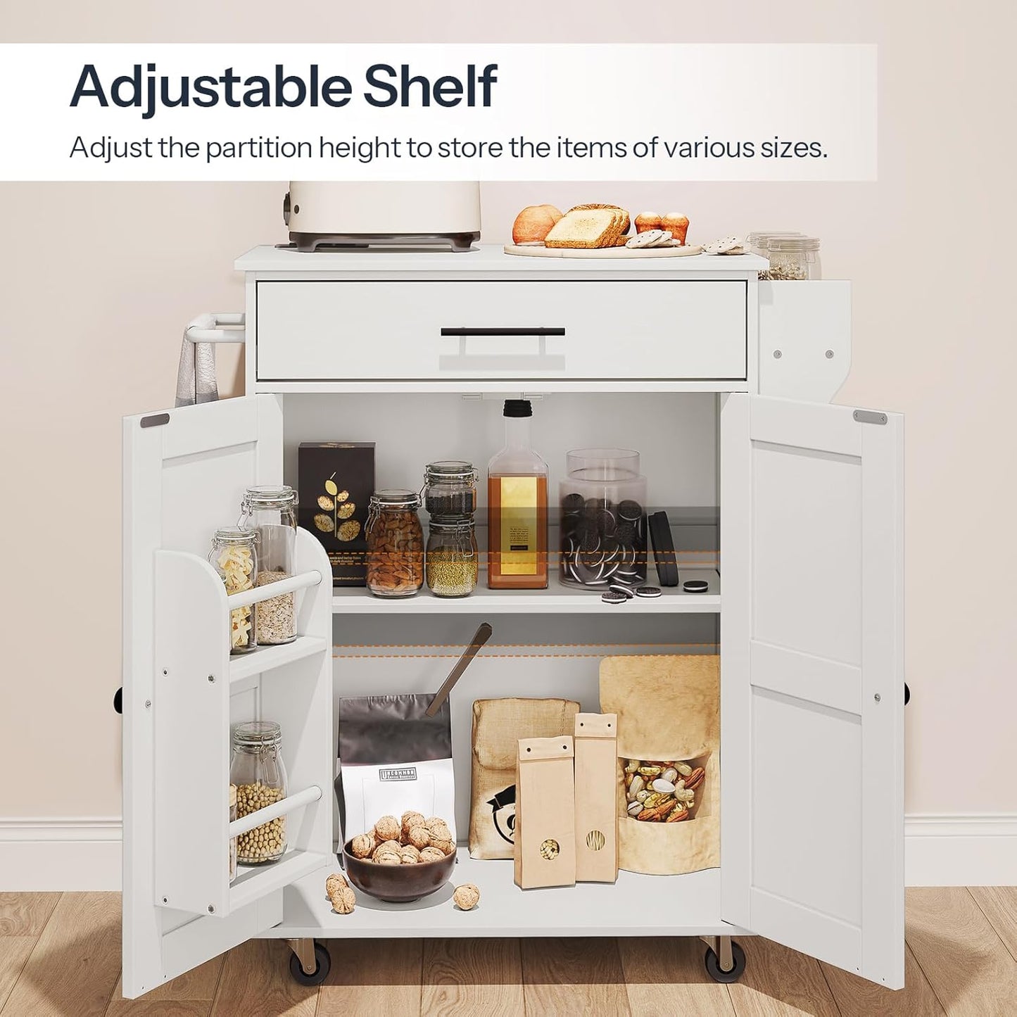 HOOBRO Kitchen Island with Power Outlet, Kitchen Storage Island with Large Worktop, Spice Rack and Drawer, Rolling Kitchen Island Cart on Wheels, for Kitchen and Dining Room, White WT88UZD01