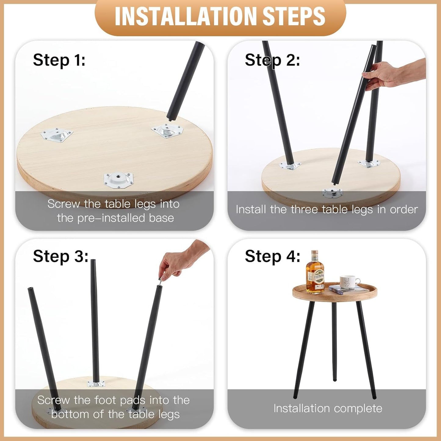 LITA Log Desktop Round Side End Table, Indoor Outdoor Wooden Tray Nightstand Table with Metal Stand for Living Room Bedroom Office Small Spaces (M)